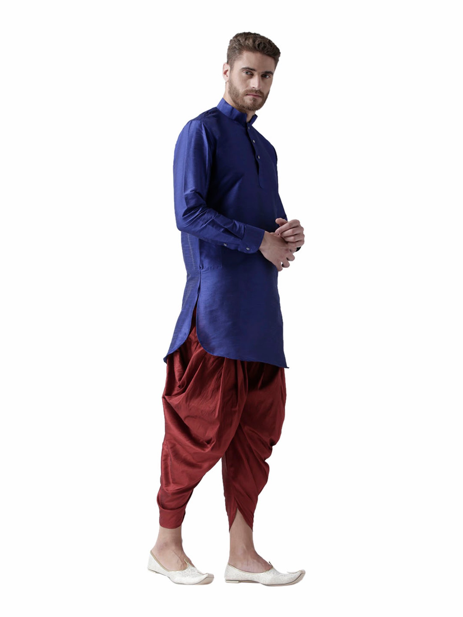 Deyann Blue & Maroon Mandarin Collar Silk Kurta Set
