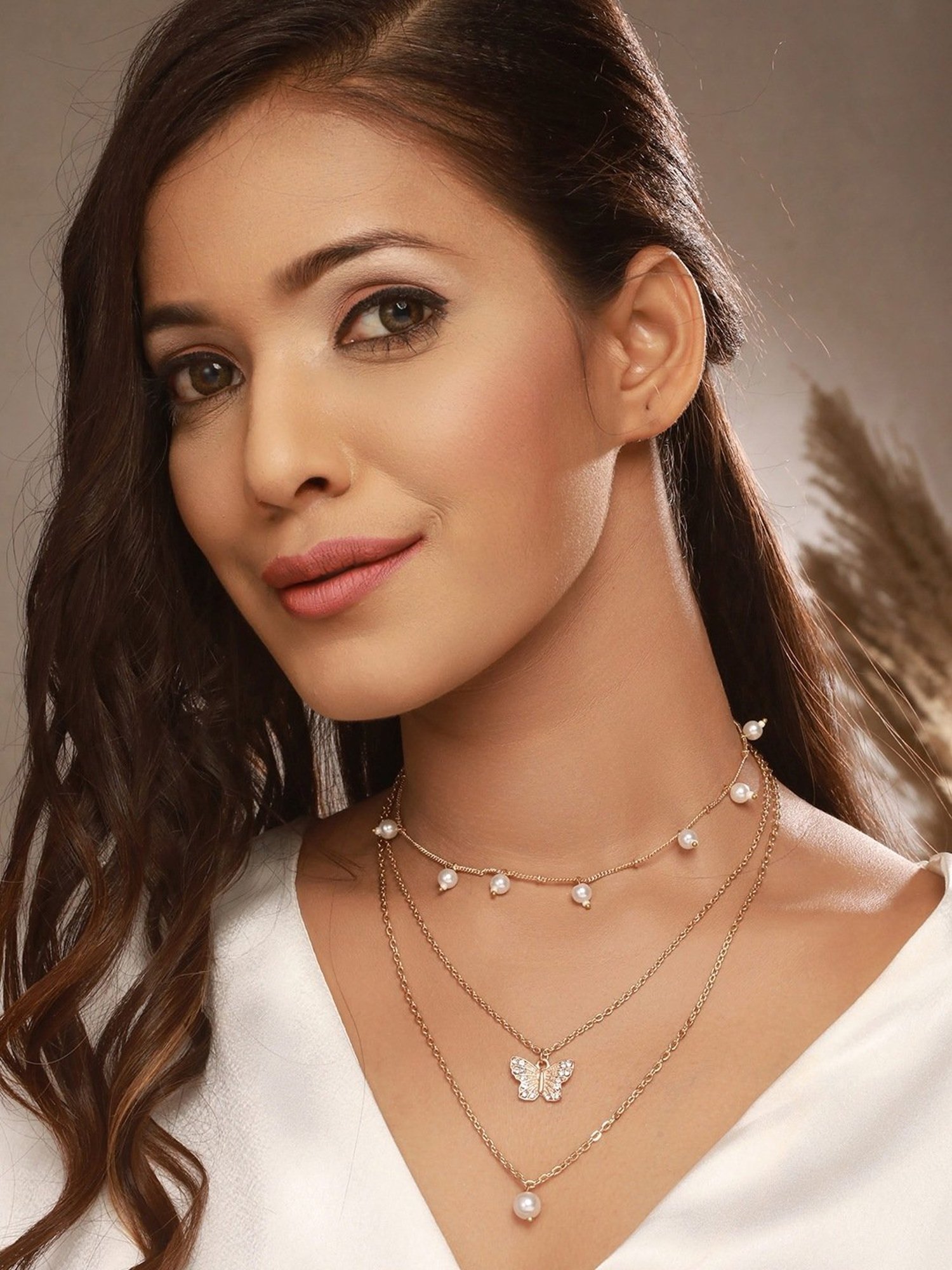 Aatmana Gold-Plated Butterfly & Pearl Hanging Layered Necklace