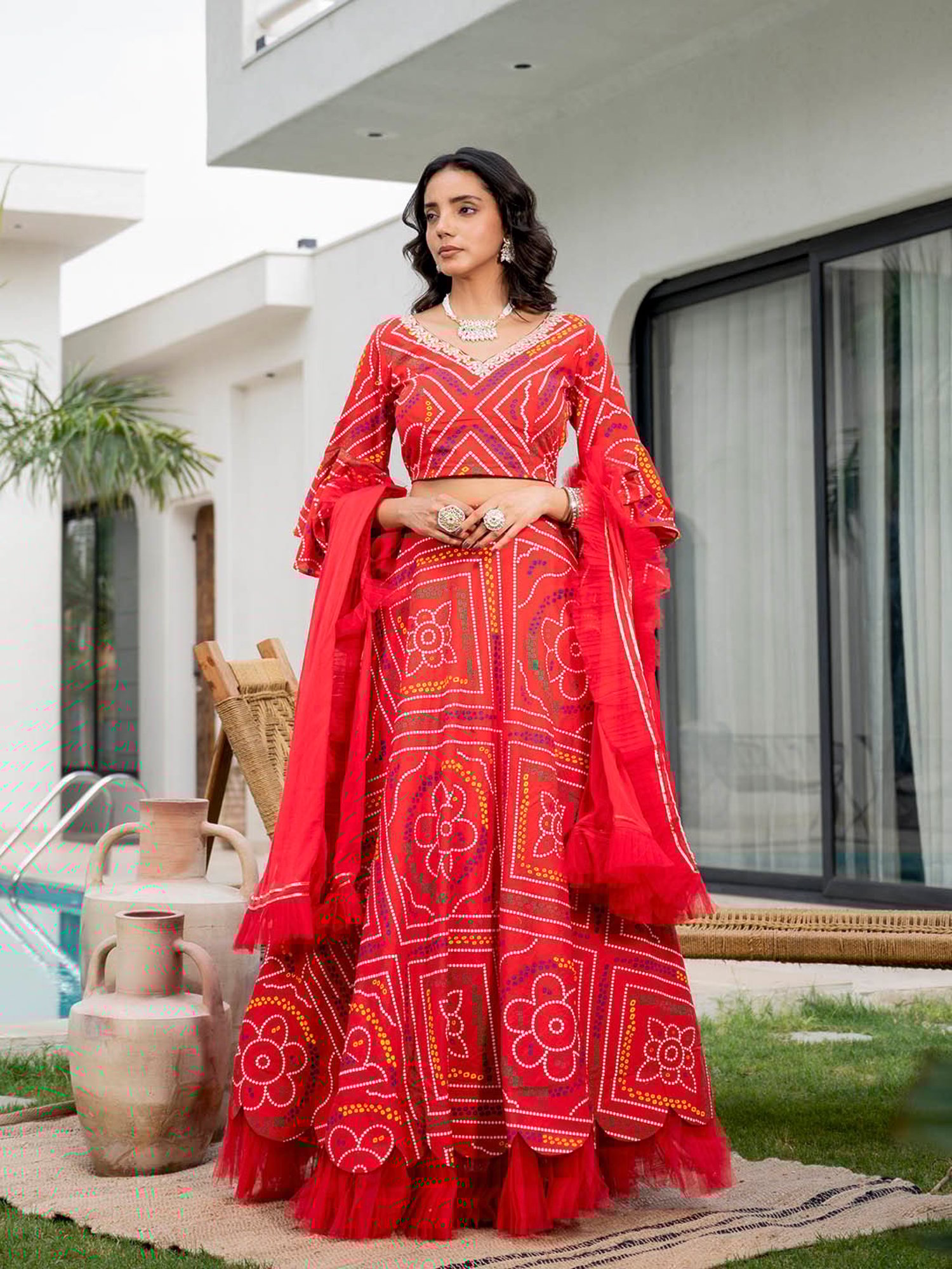 Divena Red Bandhani Ghagra & Choli With Dupatta