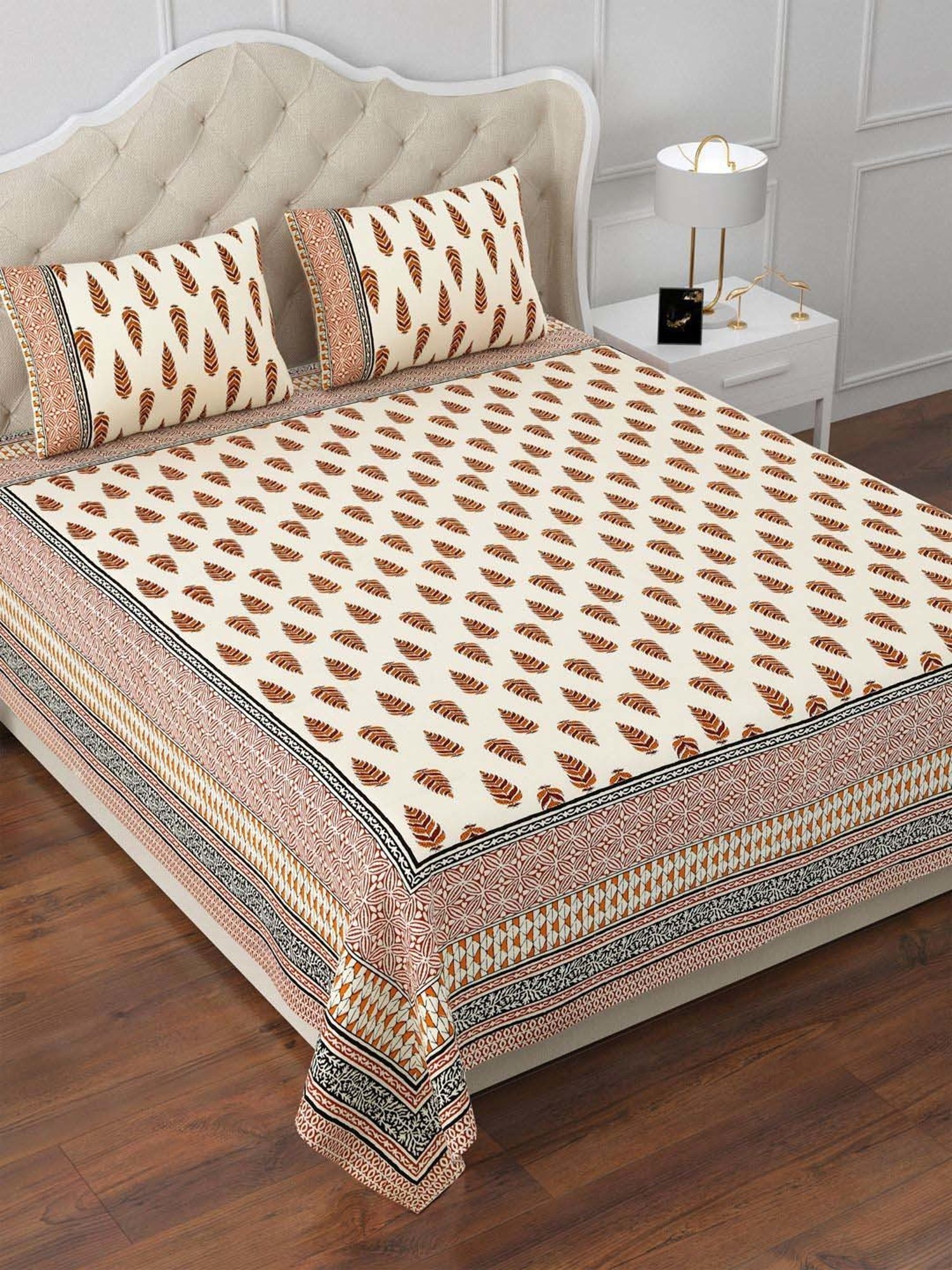 Aapno Rajasthan Evergreen Desert Brown & Orange Cotton 140 GSM Double Bedsheet With 2 Pillow Cover
