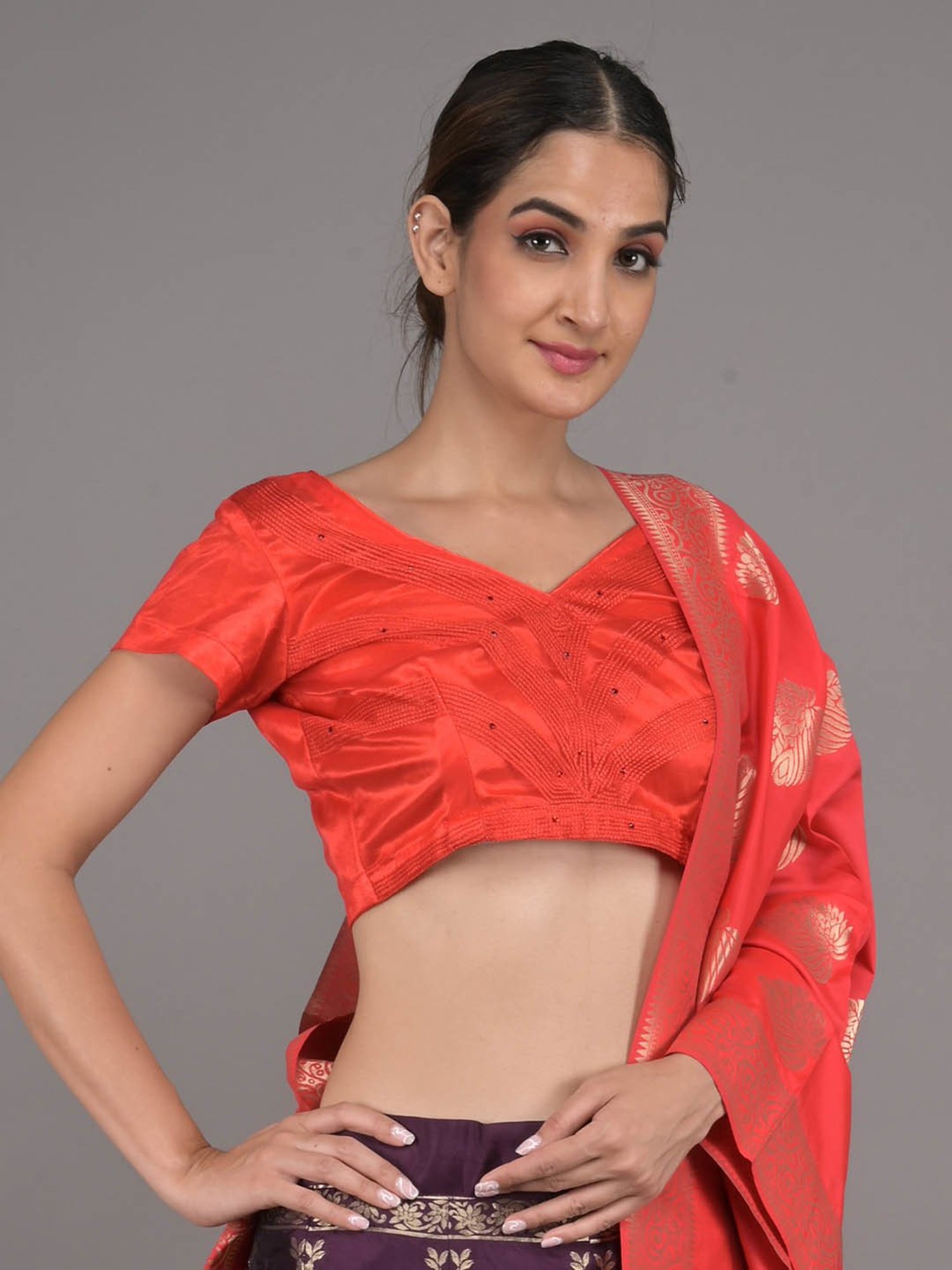 Odette Purple & Red Woven Pattern Lehenga Choli Set With Dupatta