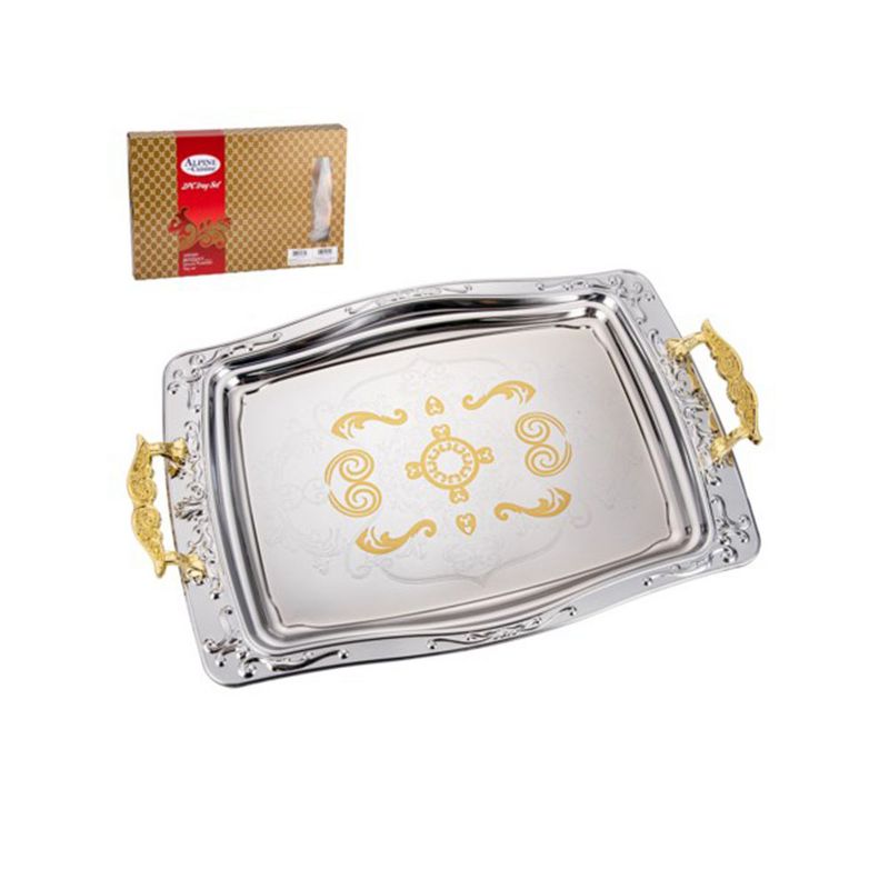 Alpine Cuisine Elegant 2 Piece Serving Tray Set with Gold Plated Bottom, Carrying Handles, and Food Safe Silkscreen for Entertaining, Silver