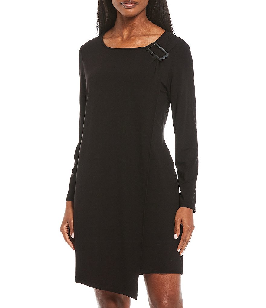 Ming Wang Long Sleeve Asymmetric Embellish Draped Dress