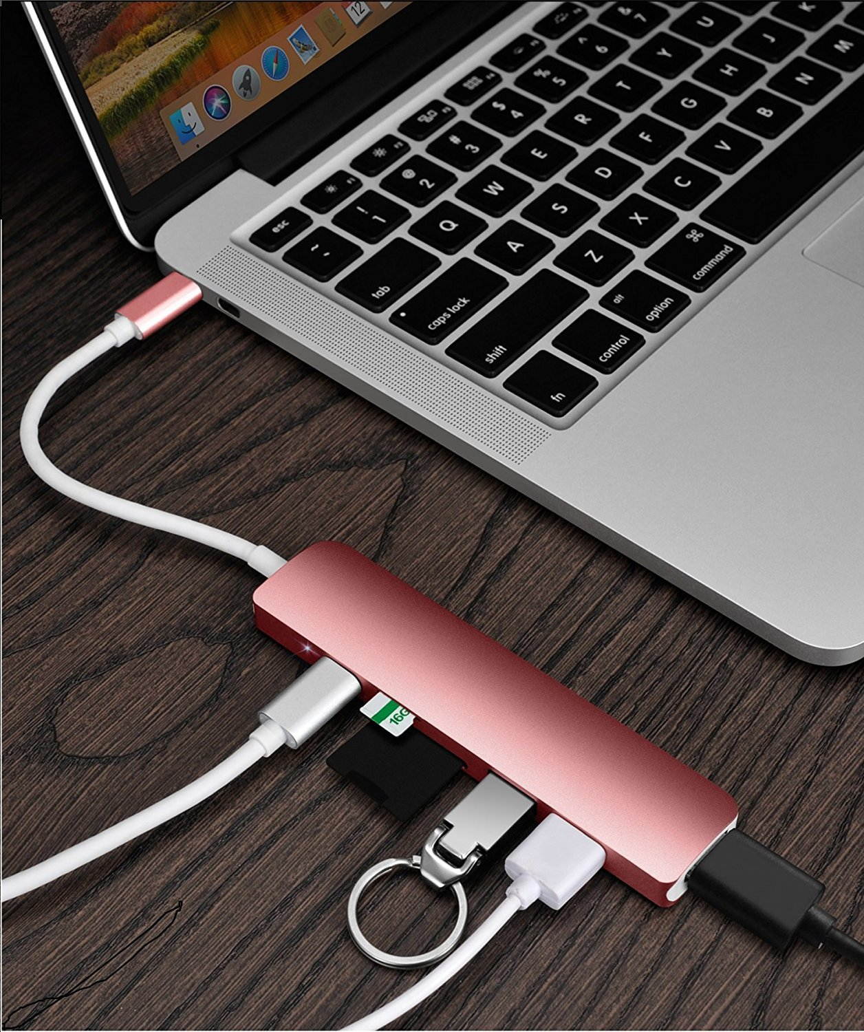 USB C Hub, Multiport Type-C Adapter Dongle with 56W Charging port, 4K HDMI, Card Reader, 2 USB 3.0 Ports for Macbook Pro, Chromebook, HP Spectre, DELL XPS, Acer Aspire and more- Rose Gold