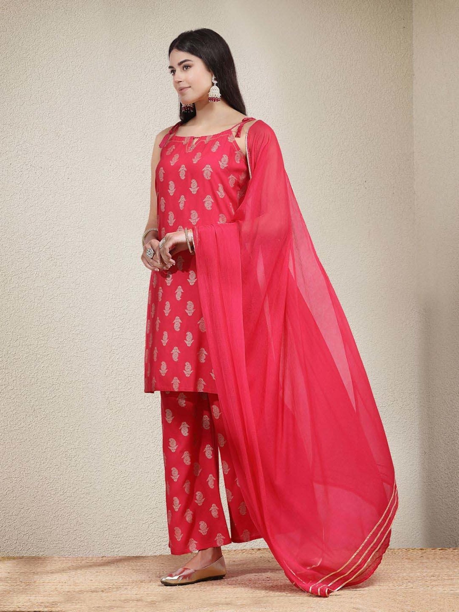 Stylum Pink Printed Kurti Palazzo Set With Dupatta