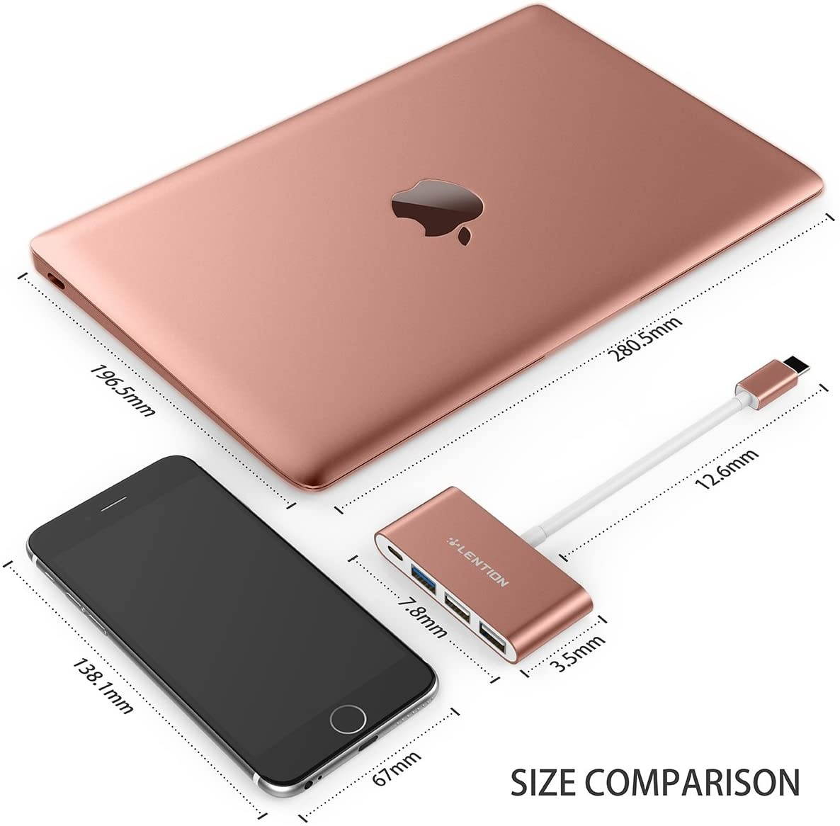LENTION 4-in-1 USB-C Hub with Type C USB 3.0 USB 2.0 Compatible 2020-2016 MacBook Pro 13/15/16 New Mac Air/Surface ChromeBook More Multiport Charging & Connecting Adapter (CB-C13 Rose Gold)