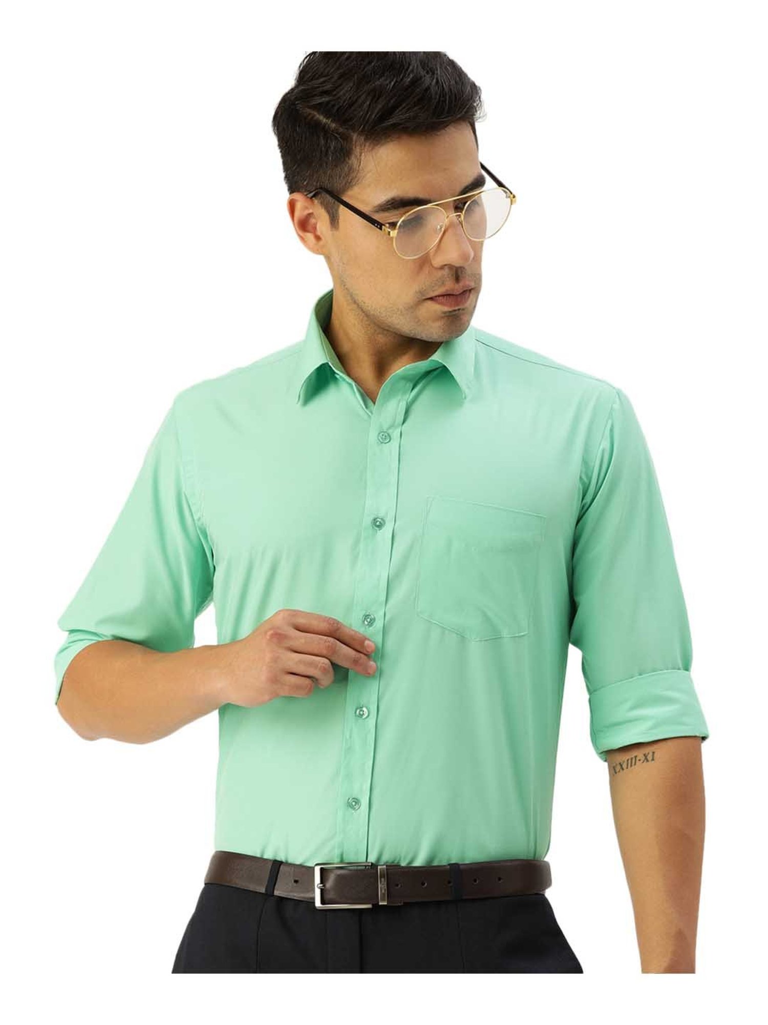 English Navy Mint Green Slim Fit Shirt