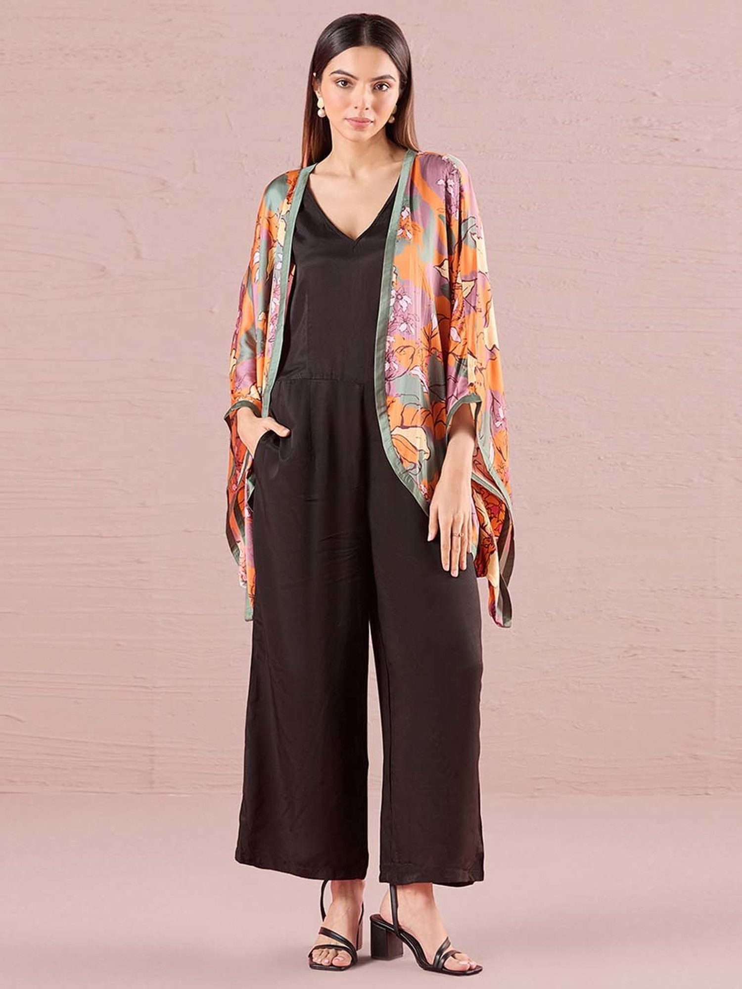navyasa by liva Black & Orange Printed Jumpsuit With Shrug