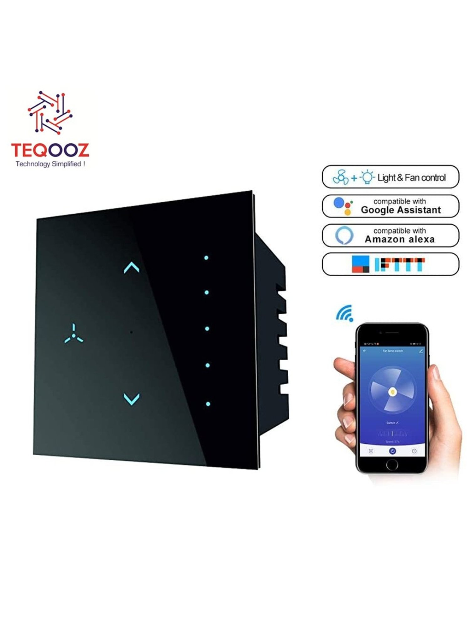 Teqooz Smart Fan Regulator Wi-Fi plus Bluetooth Touch Switch (Black)