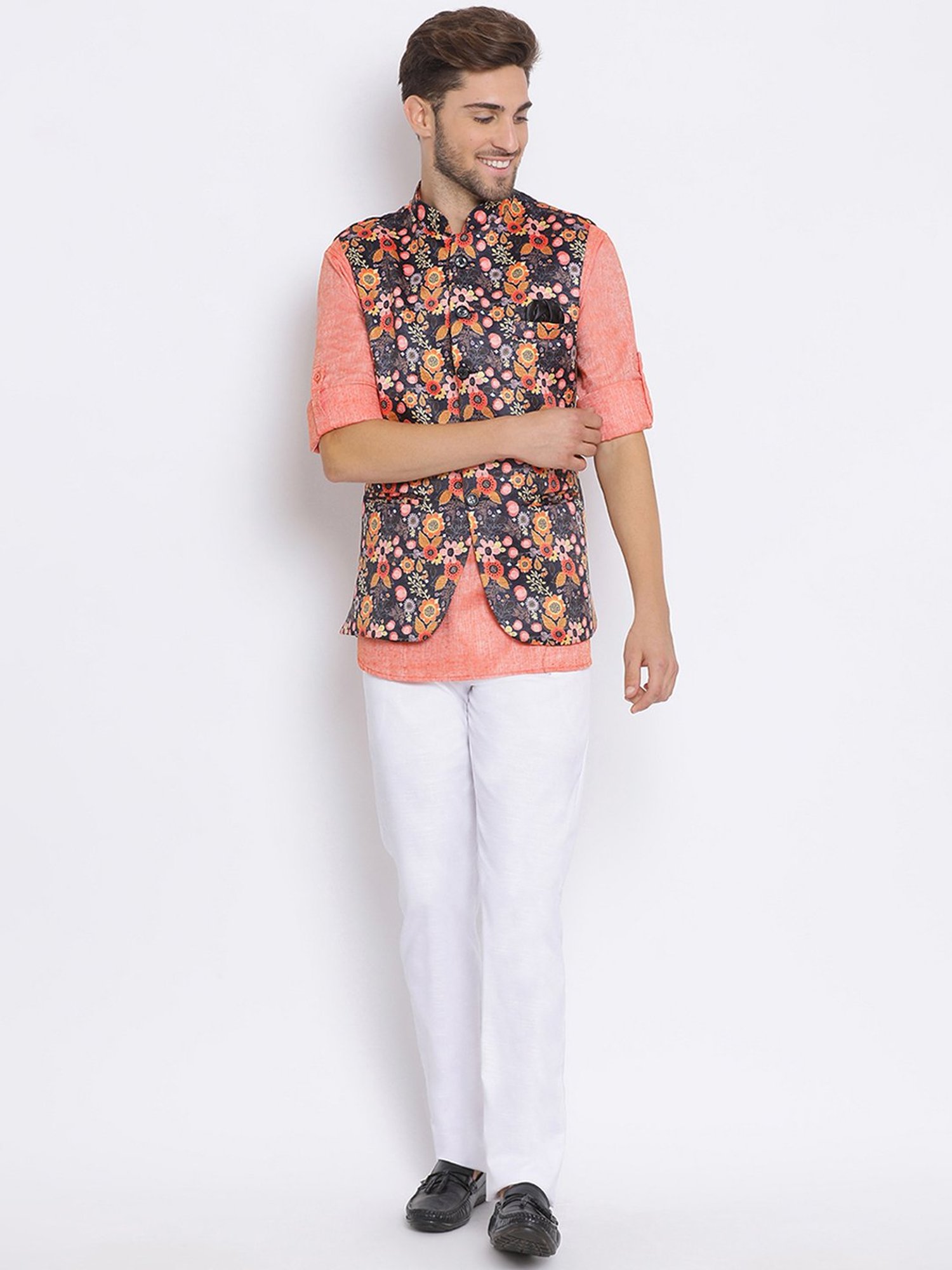 Hangup Plus Orange & White Regular Fit Short Kurta & Trousers Set With Nehru Jacket