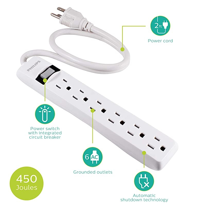 6 Outlet Power Strip Surge Protector 2ft Power Cord Straight Plug Wall Mount 450 Joules UL Listed Circuit Breaker Automatic Shutdown White SPP3063WP37