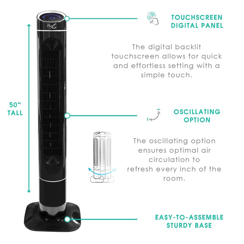 Vie Air 50 Inch Luxury Digital 3 Speed High Velocity Tower Fan with Fresh Air Ionizer and Remote Control in Black