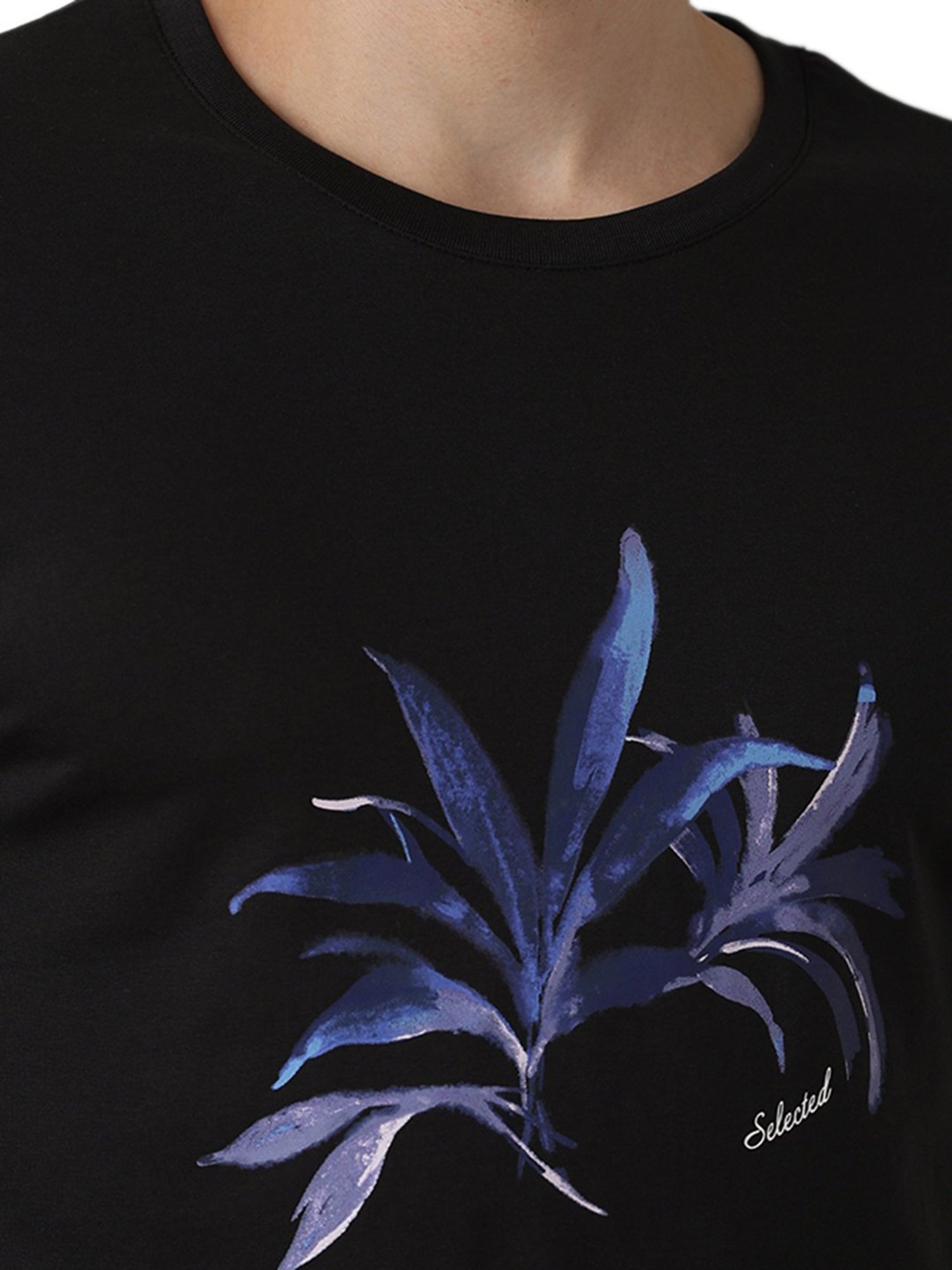 SELECTED HOMME Black Slim Fit Printed Crew T-Shirt