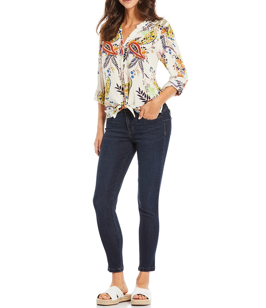 Figueroa & Flower Roxy Paisley Print Roll-Tab Sleeve Button Down Tie-Front Top