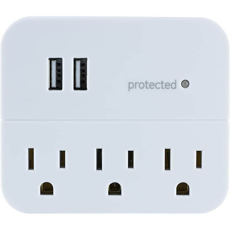 Sur Protector Wall Tap Charging Station 3 Outlets 2 USB Charr Ports 3 Prong Power Outlet Extender Blue LED Protected Indicator Light 560 Joules Warranty UL Listed White 14512