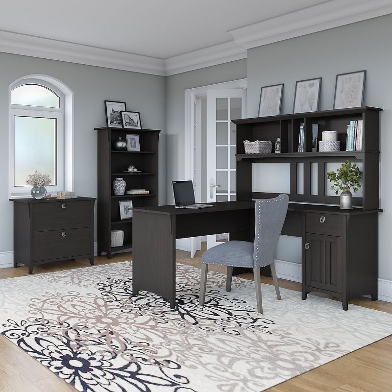 Bush Furniture 60W L Shaped Desk w/Hutch La File Cabinet & 5 Shelf Bookcase Black SAL007VB