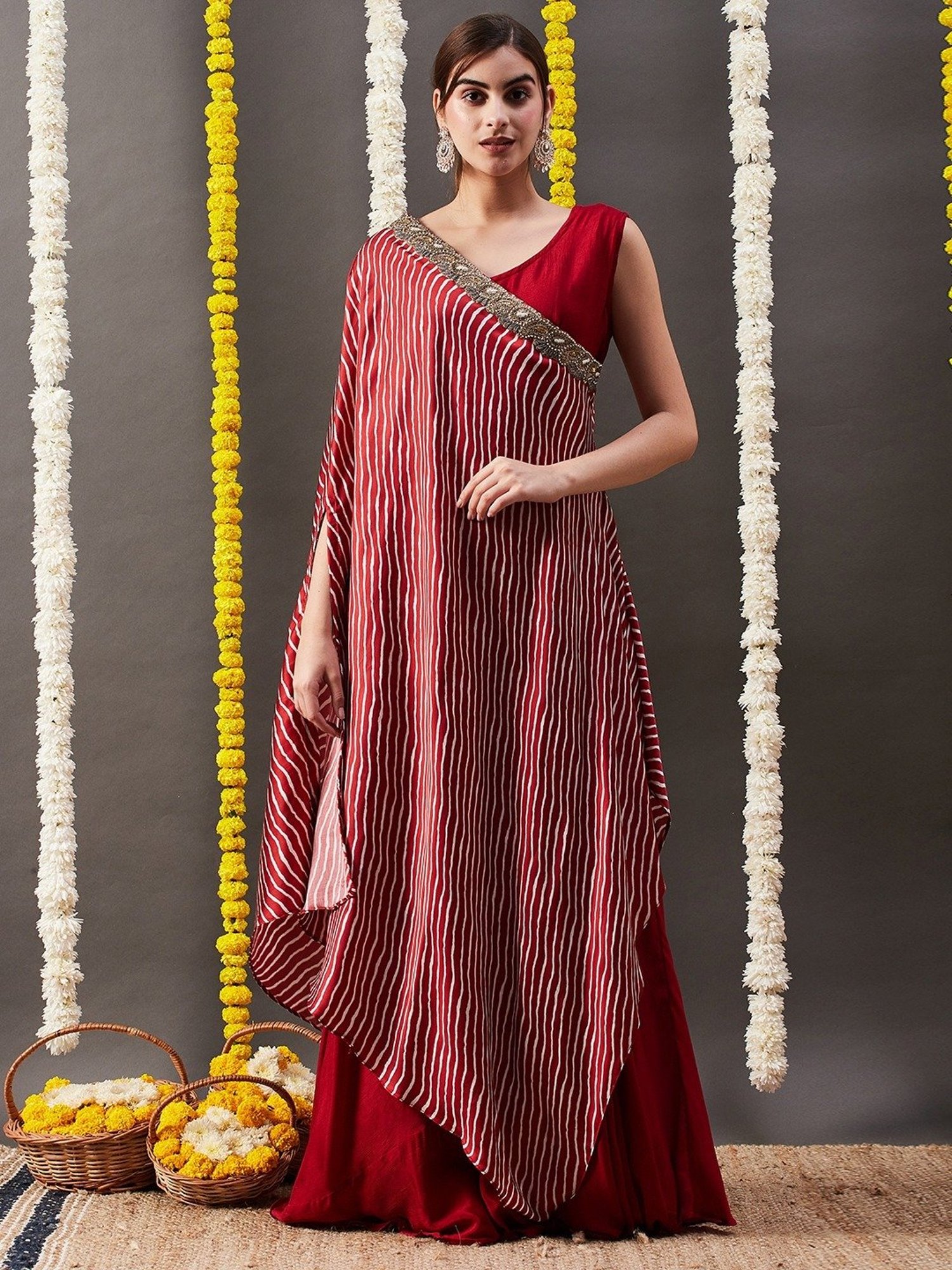 Fashor Maroon Printed Maxi Dress With Cape