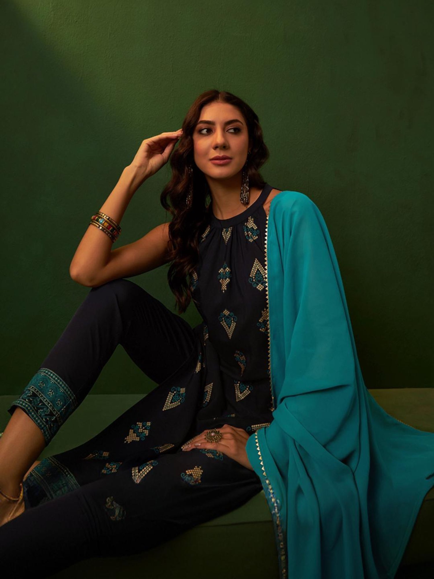 Ziyaa Blue Printed Kurta Pant Set With Dupatta