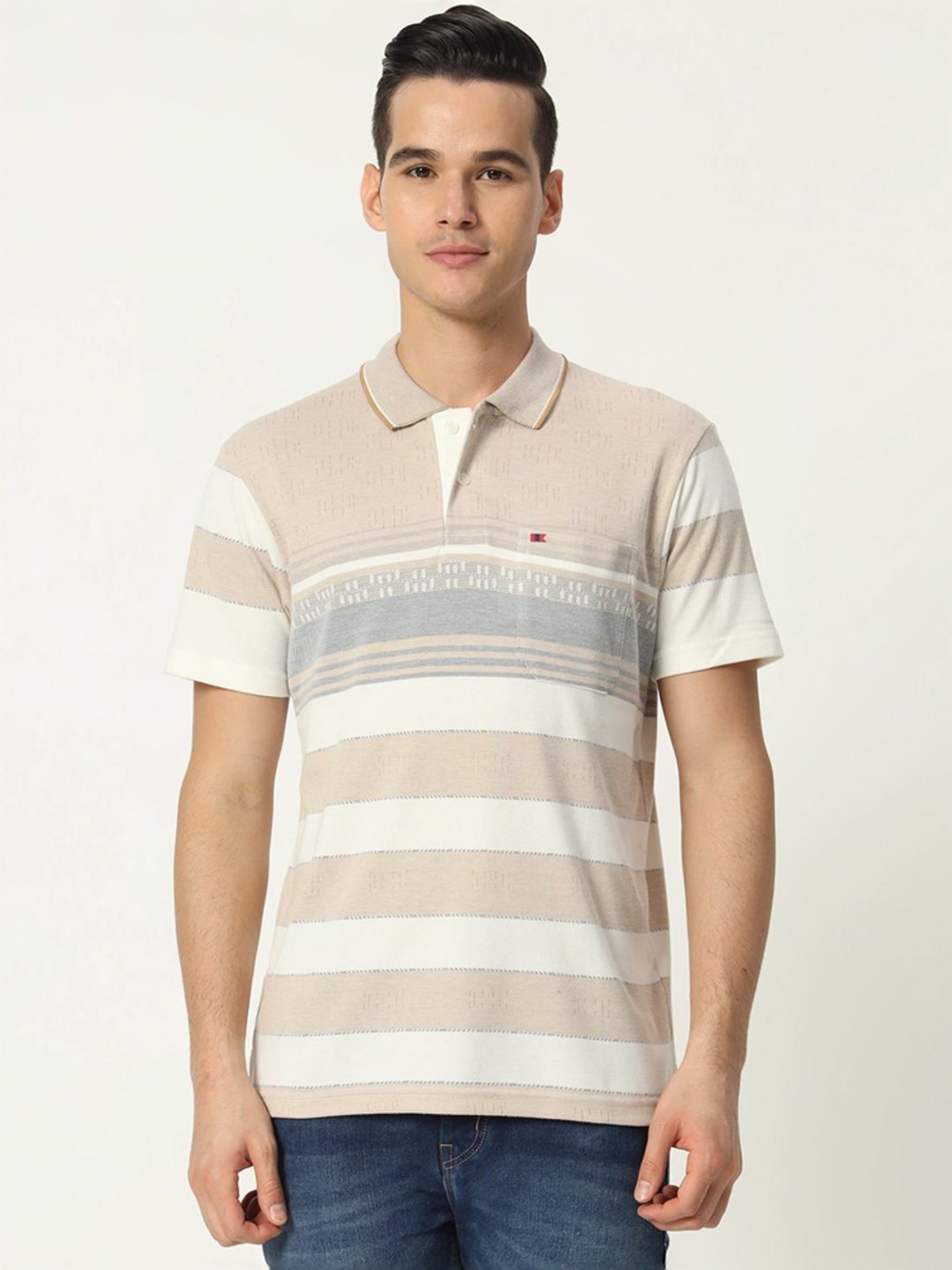 Tab91 Beige Regular Fit Striped Polo T-Shirts