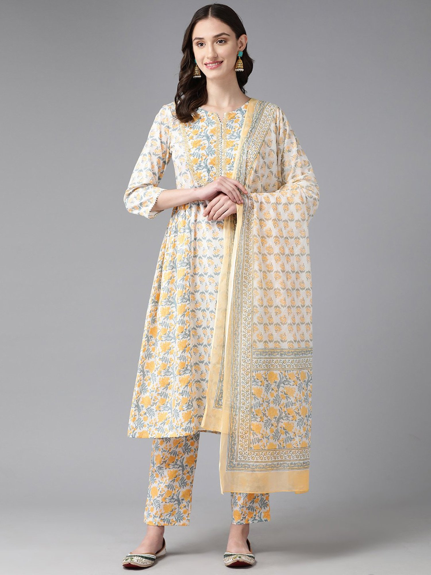 Prakrti White Cotton Floral Print Kurta With Pant & Dupatta
