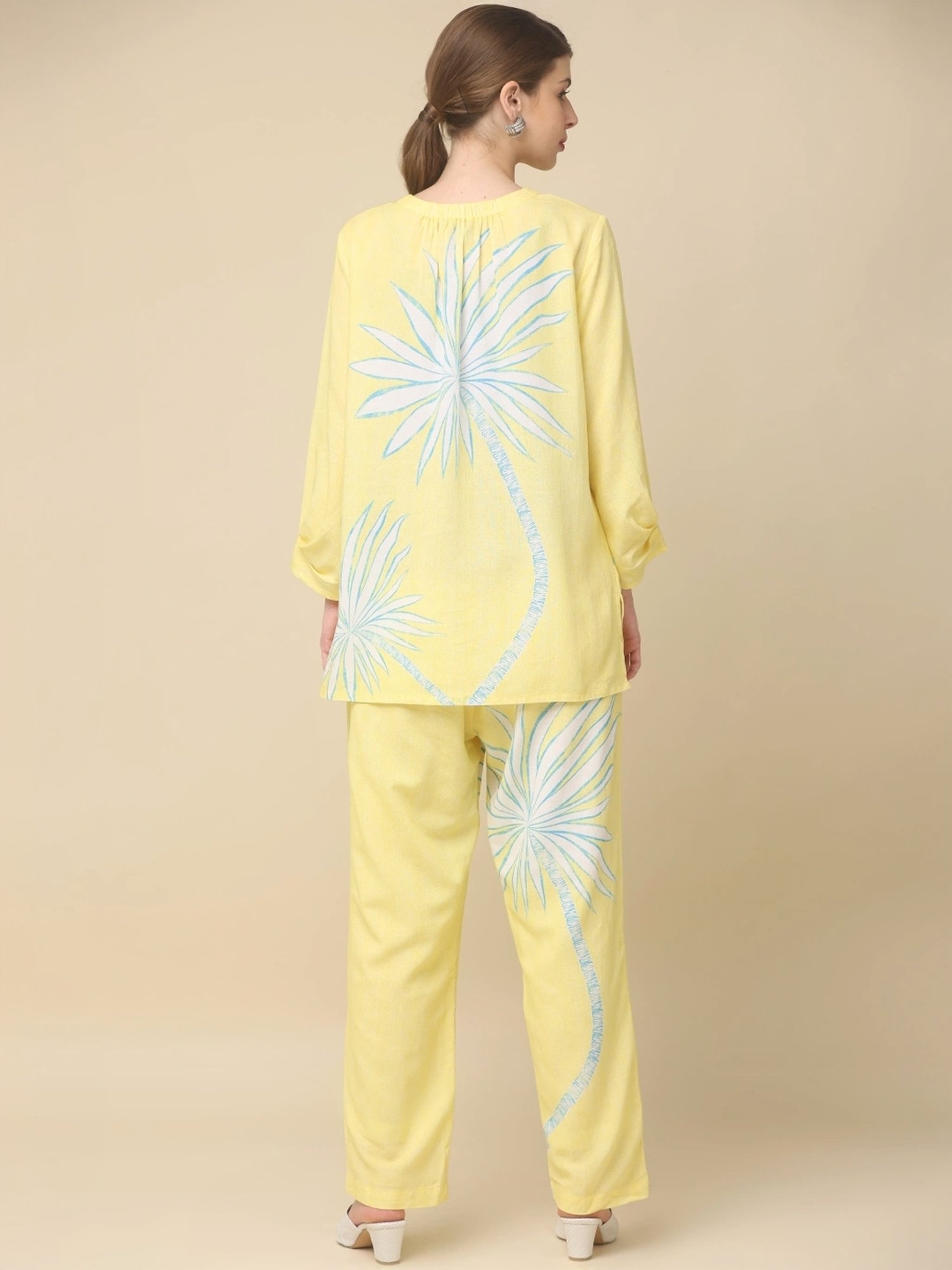 Zolo Label Yellow Cotton Printed Top Pant Set
