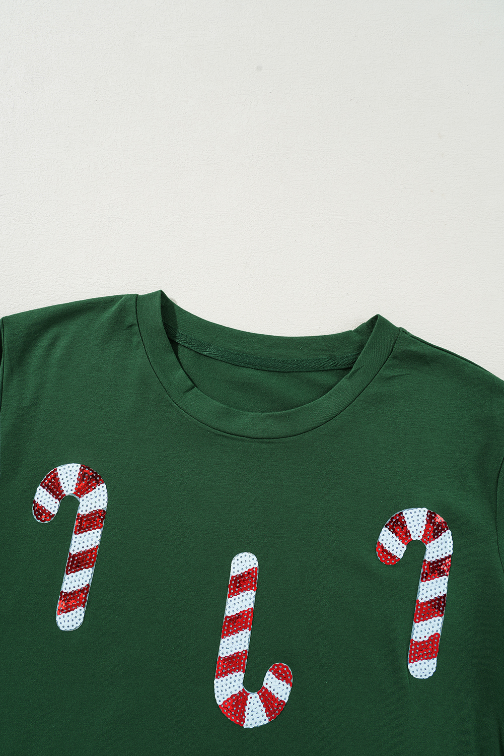 Green Christmas Candy Cane Round Neck T Shirt