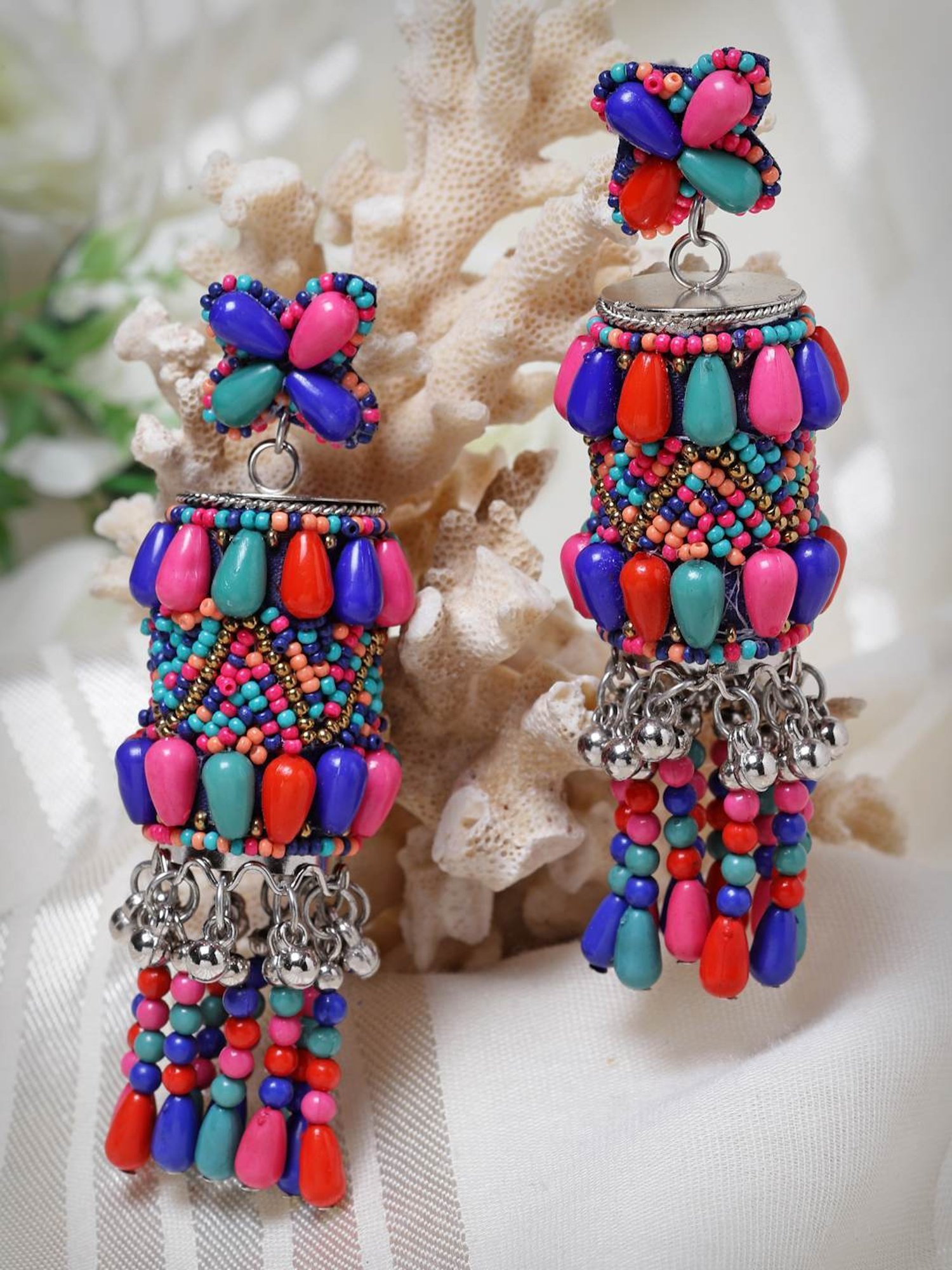 Moedbuille Multi Color Beads and Pearls Afghan Tasselled Design Silver Plated Handcrafted Earrings