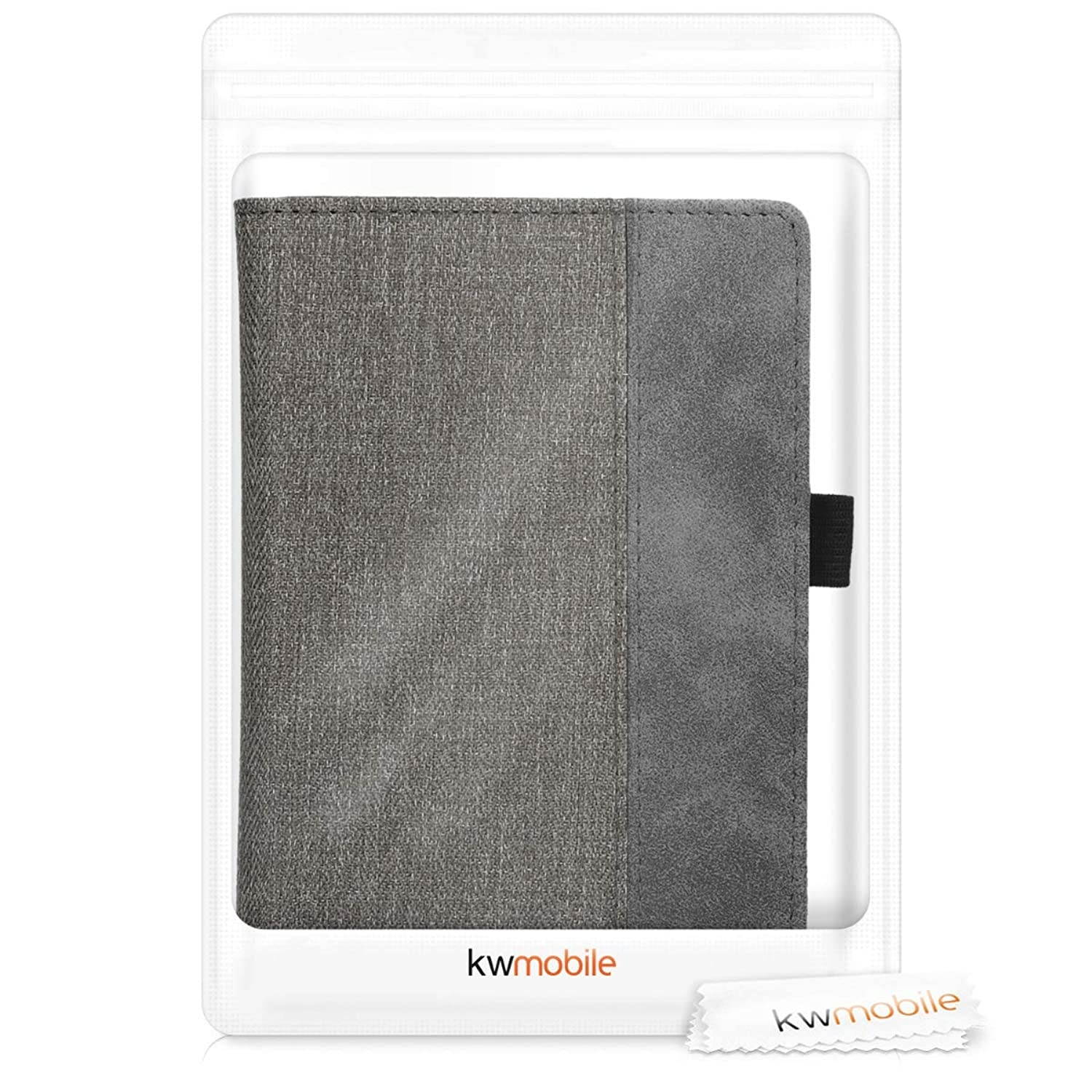 kwmobile Case Compatible with Kobo Clara HD - Canvas Synthetic Suede Cover with Magnetic Closure, Kickstand, Hand Strap, Card Slot - Grey/Black