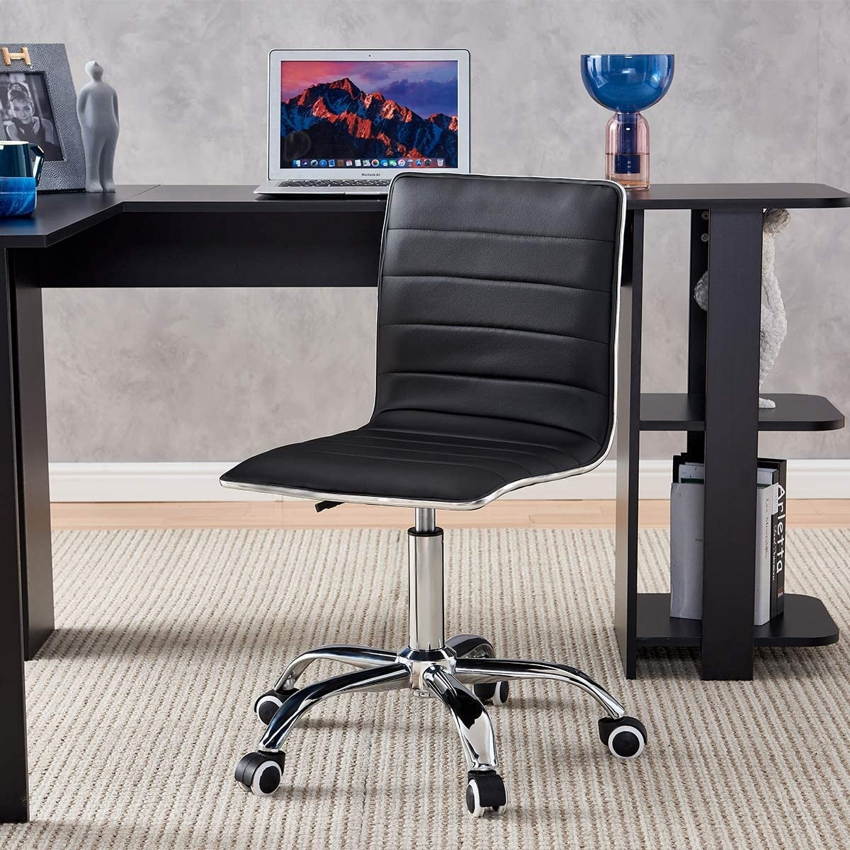 Ribbed Swivel Desk Chair Adjustable Task Chair PU Leather Mid Back Rolling Office Chair with Wheels Padded Task Conference Chair with Backrest for Office Home Computer Without Arms, White