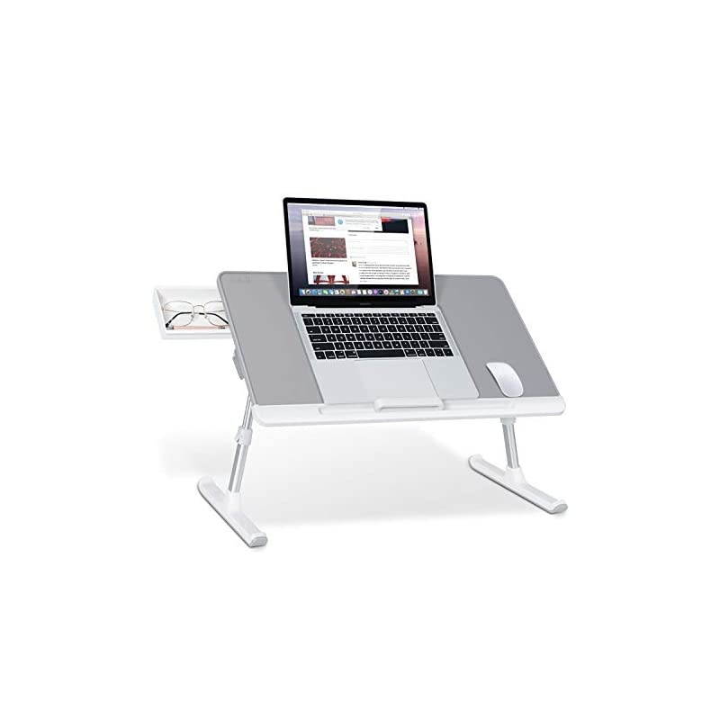 Laptop Bed Tray Table  Adjustable PVC Leather Laptop Bed Table Portable Standing Desk with Storage Drawer Foldable Lap Tablet Table for Sofa Couch Floor GrayLarge