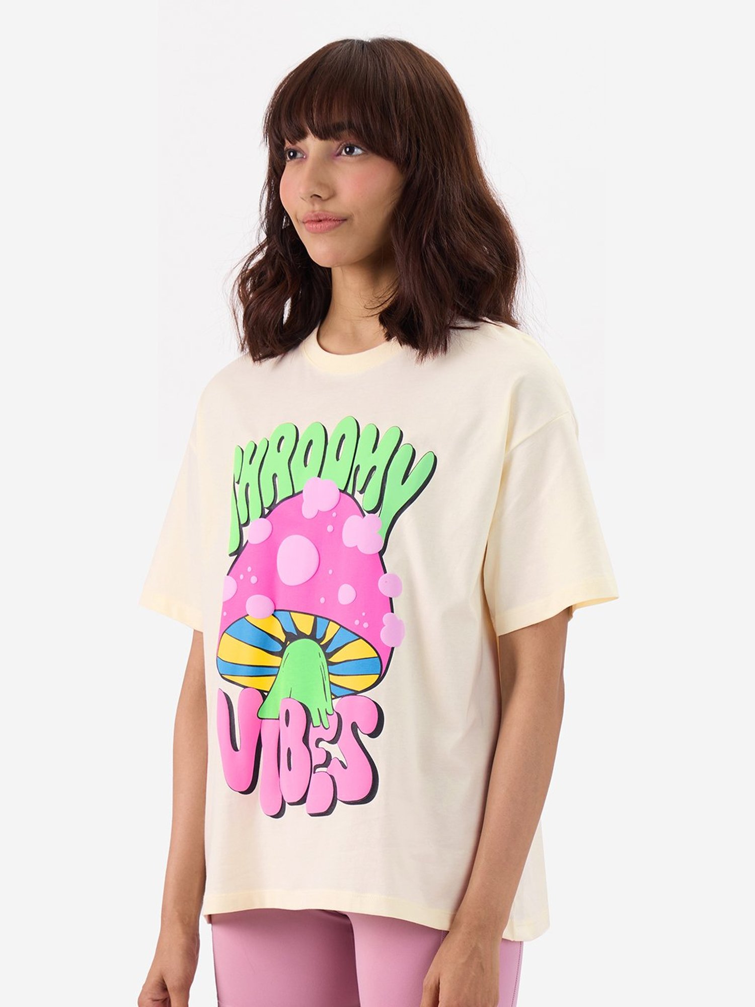The Souled Store Off White Cotton Graphic Print Oversized T-Shirt