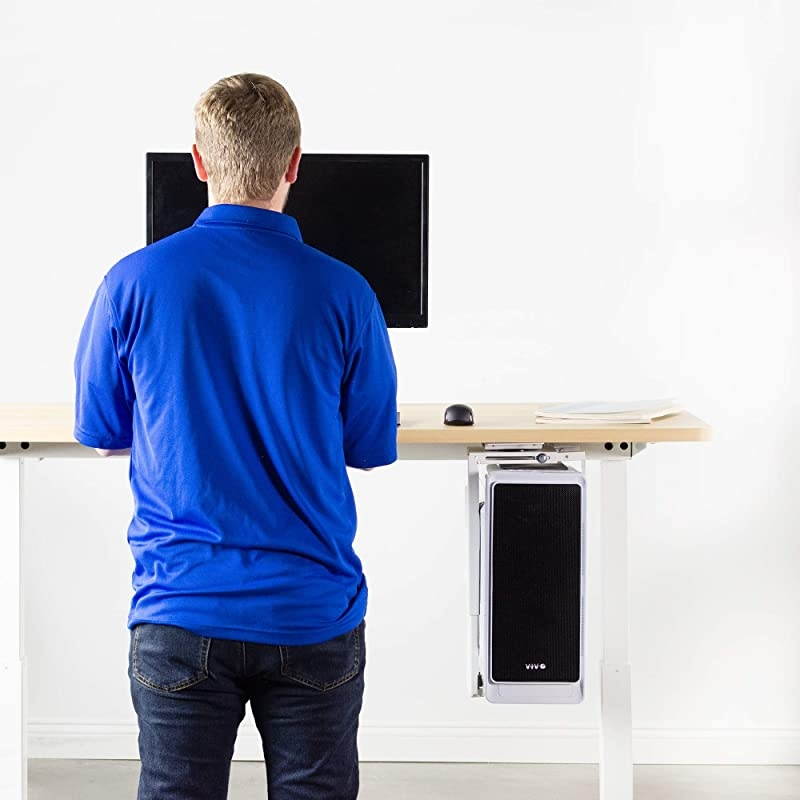 White Adjustable Under Desk and Wall PC Mount | Computer Case Holder with 135 Degree Swivel MOUNTPC01W