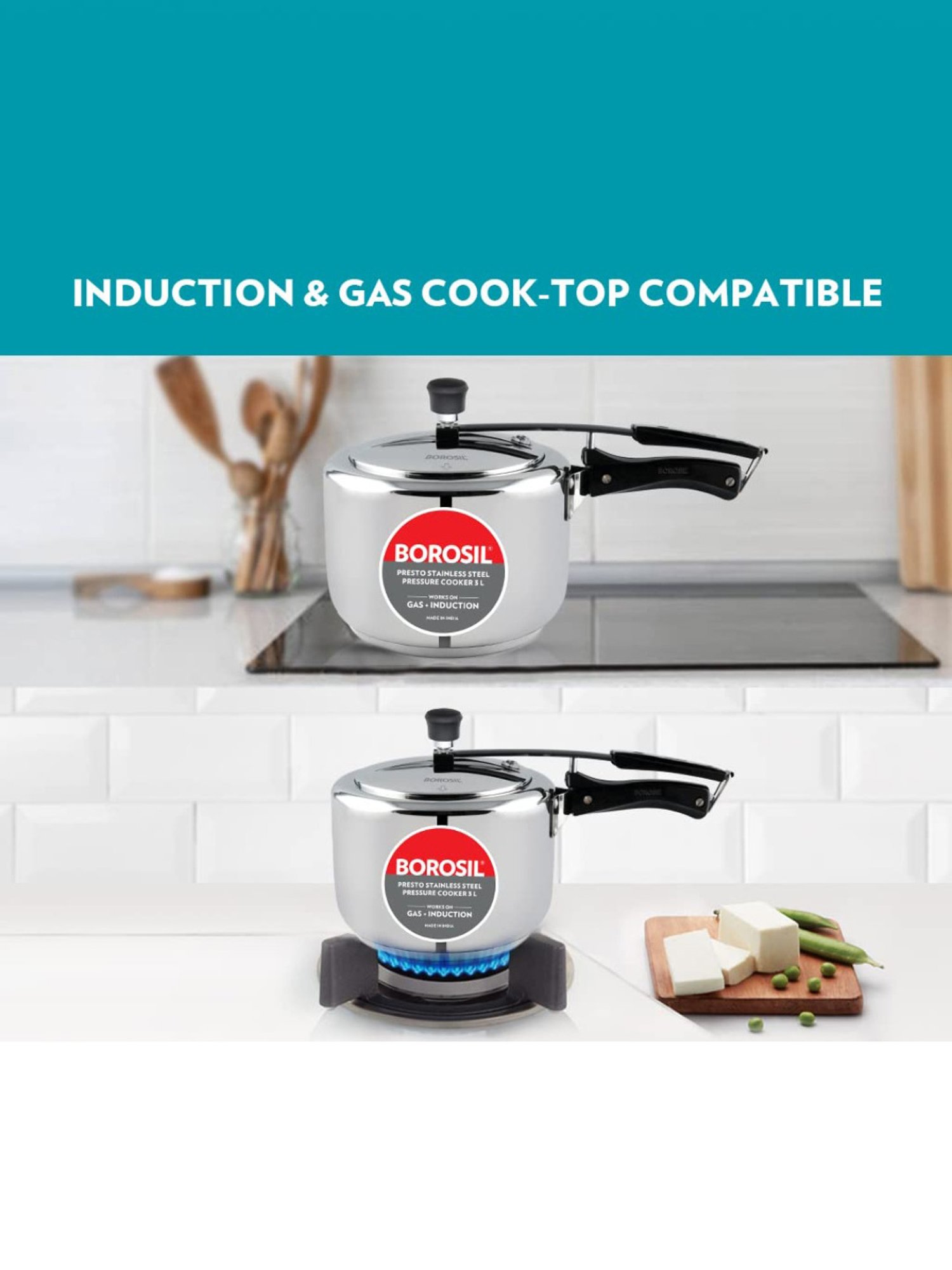 Borosil Presto Pressure Cooker with Induction Base Stainless Steel Inner Lid (Silver,3L)