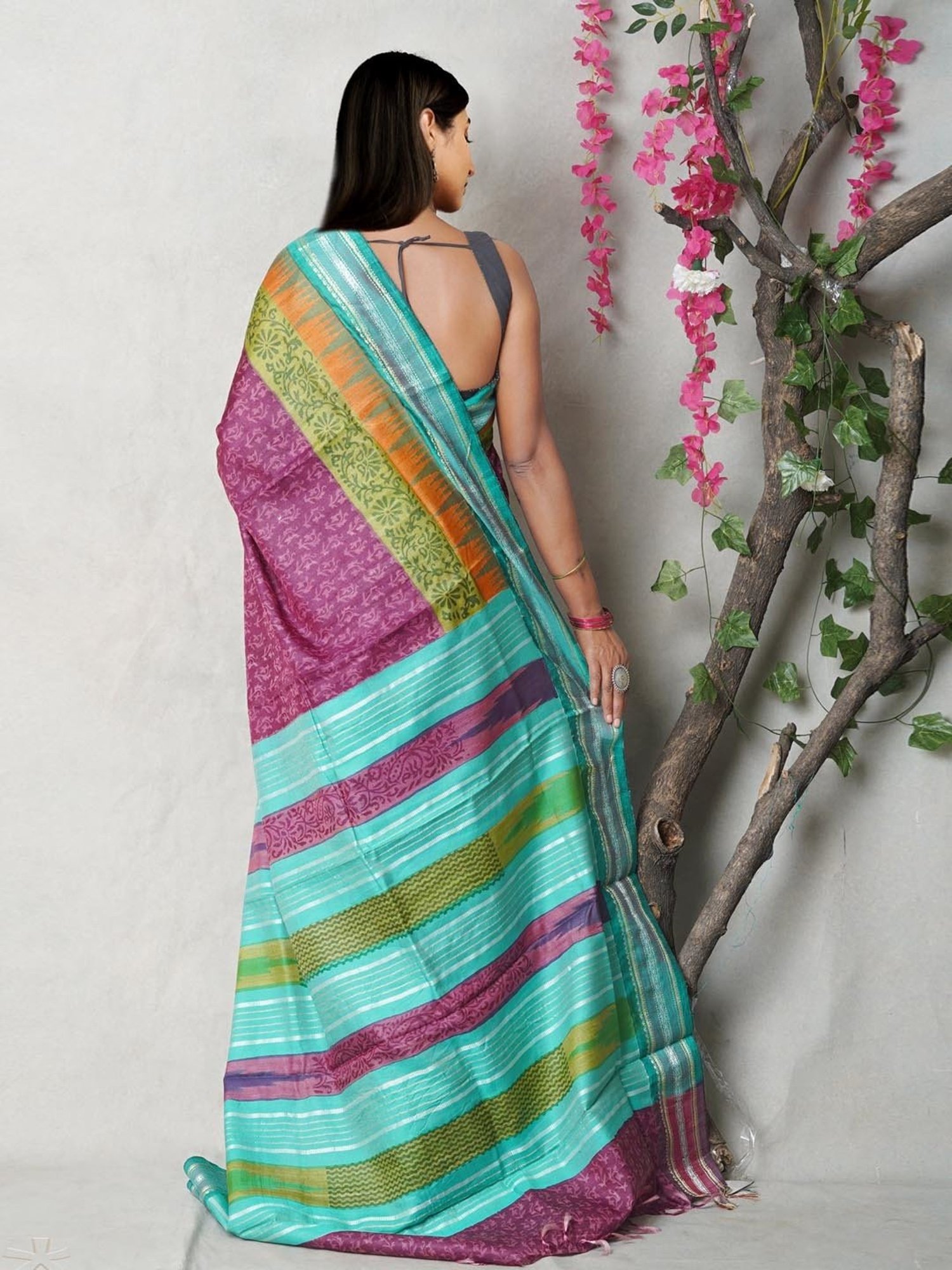 Unnati Silks Purple Silk Printed Saree With Unstitched Blouse