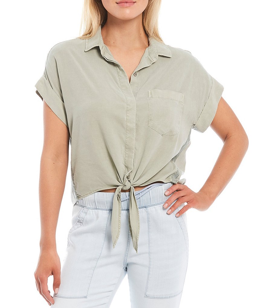 Cloth & Stone Woven Trimmed Short Sleeve Coordinating Tie Front Top