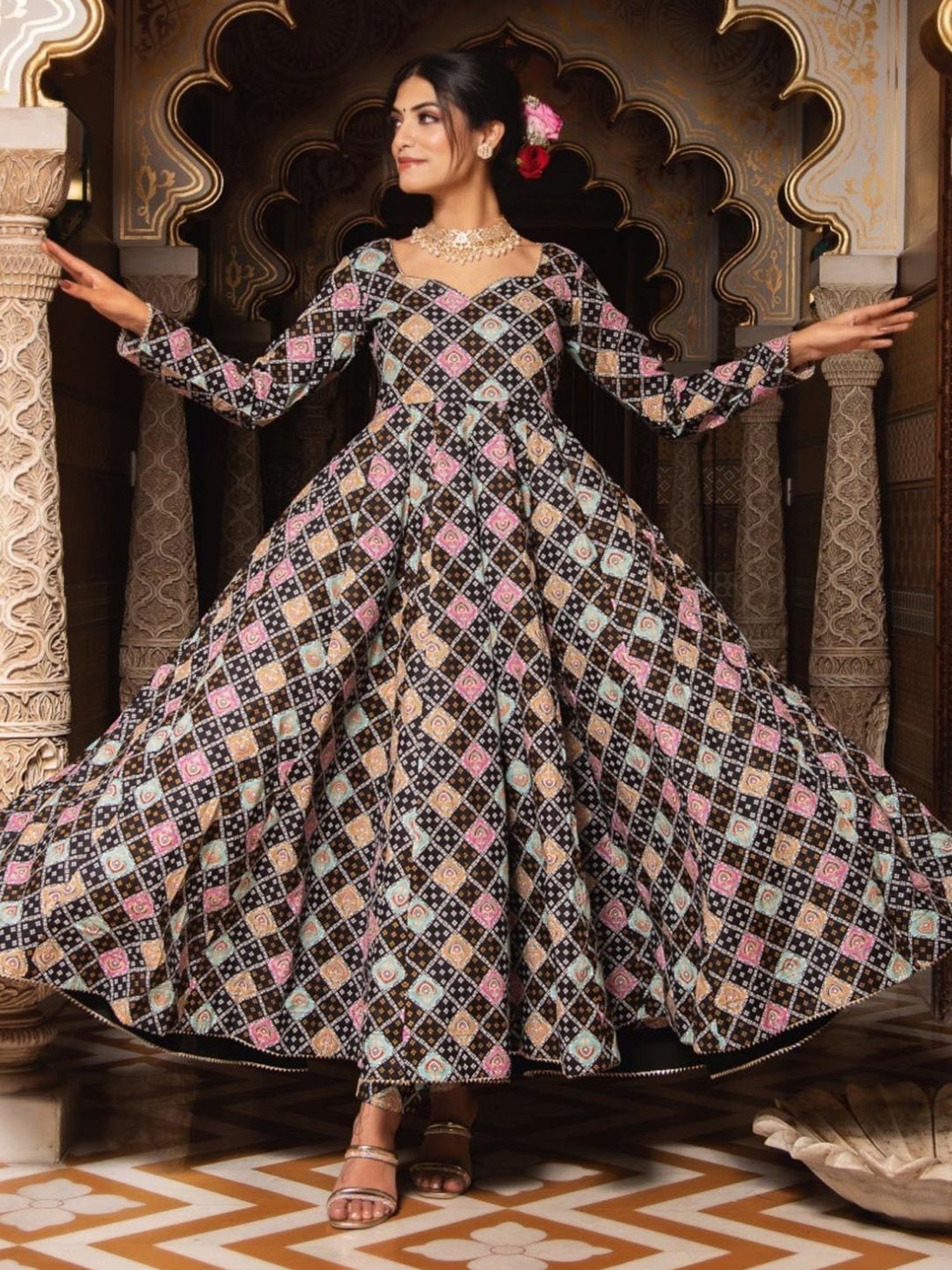 Calmna Black Geomatric Print Anarkali Suit Set