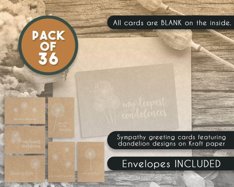 Sympathy Cards - 36-Pack Sympathy Cards Bulk, Greeting Cards Sympathy Kraft Paper, 6 Floral Designs, Envelopes Included, Assorted Sympathy Cards, 4 x 6 Inches