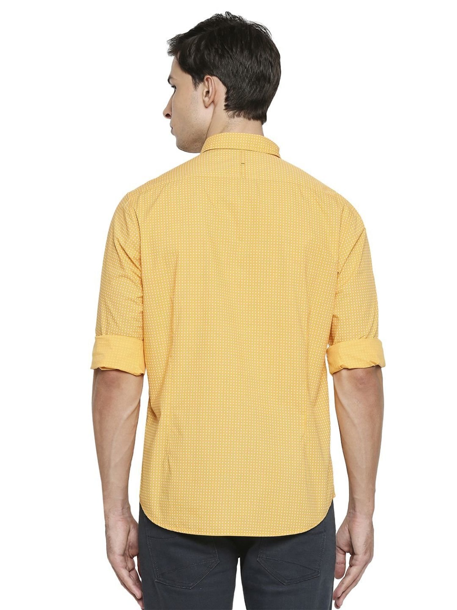 Basics Yellow Cotton Slim Fit Printed Shirt
