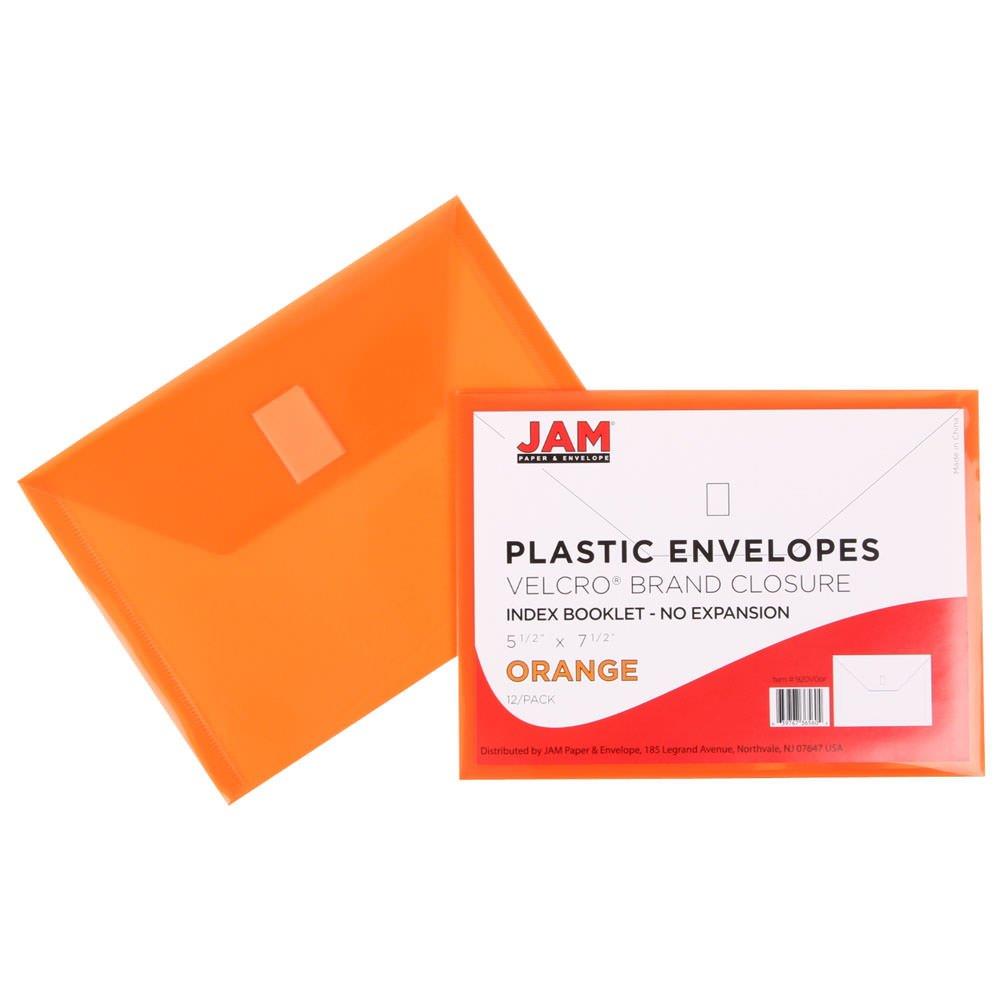 JAM PAPER Plastic Envelopes with Hook & Loop Closure - Index - 5 1/2 x 7 1/2 - Orange - 12/Pack
