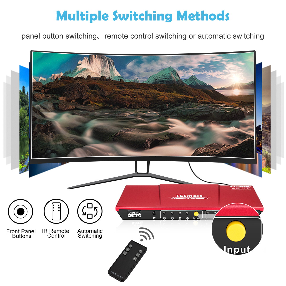 TESmart 4x1 HDMI Switch Ultra HD supports 4K@60Hz 4: 4: 4, 4-port HDMI switch 3DTV pass-through, Support S/PDIF and L/R audio out and IR remote control, For Xbox 360/One, PS4/PS3