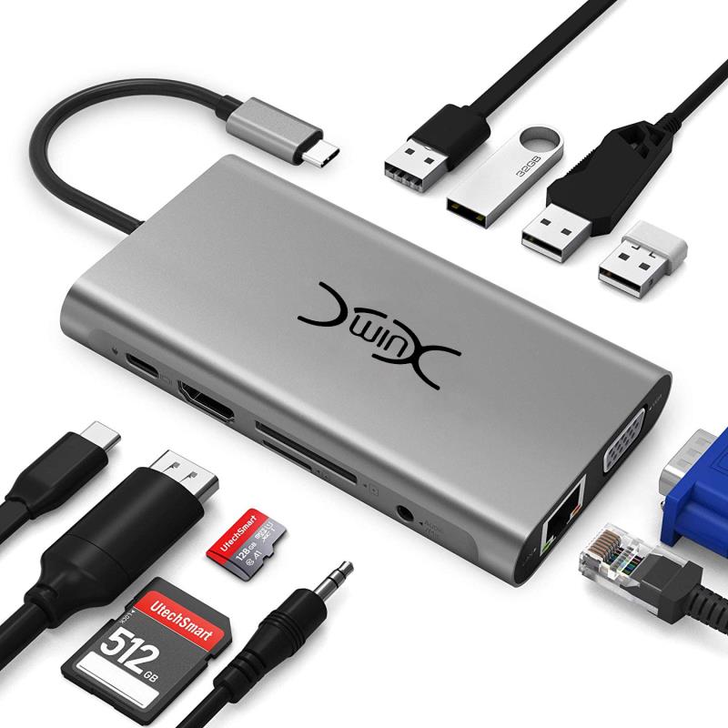 USB C Hub Triple Display 11 in 1 USB C Adapter Docking Station Dual 4K HDMI+VGA 4 USB Ports 100W Power Delivery Ethernet Port SD/TF Card Compatible for MacBook ChromeBook MateBook