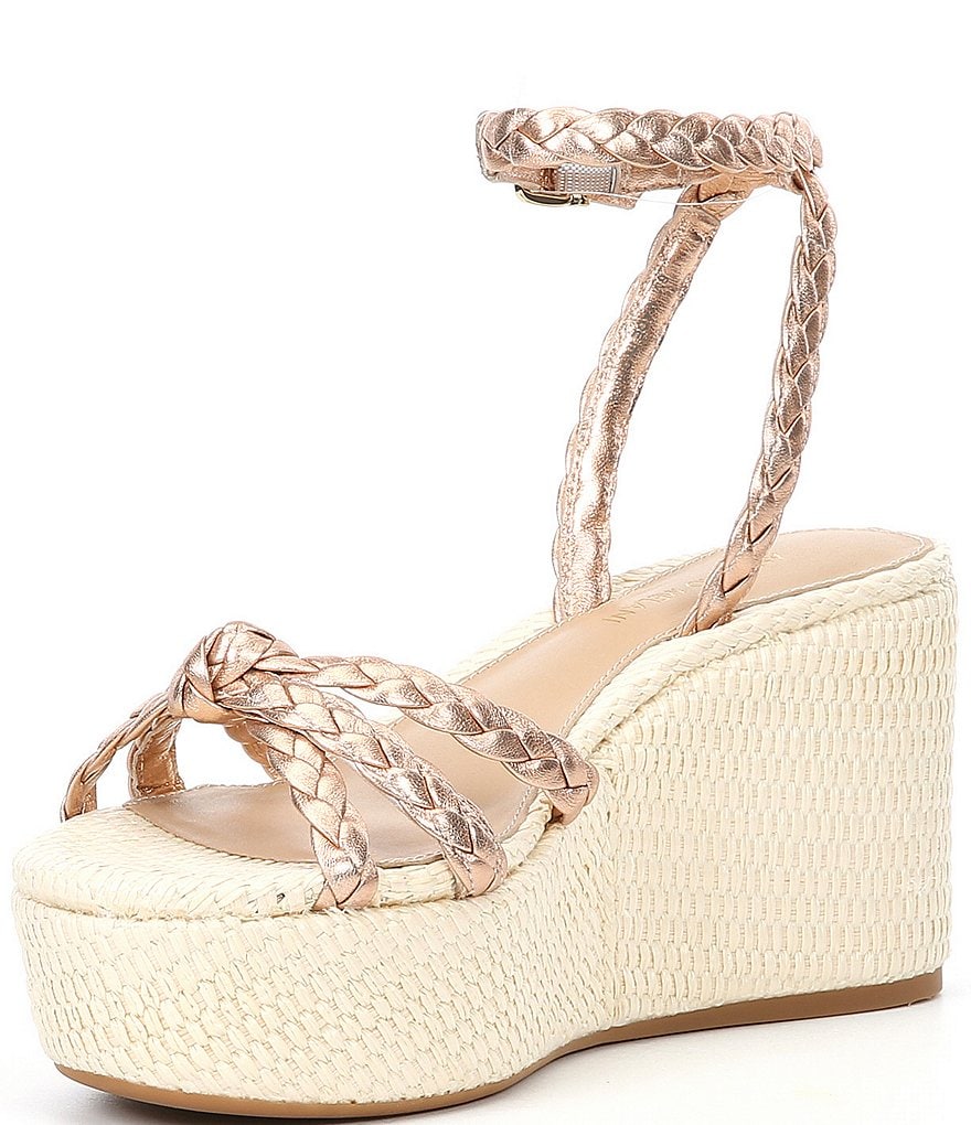 Antonio Melani Lorinna Leather Woven Ankle Strap Metallic Wedges