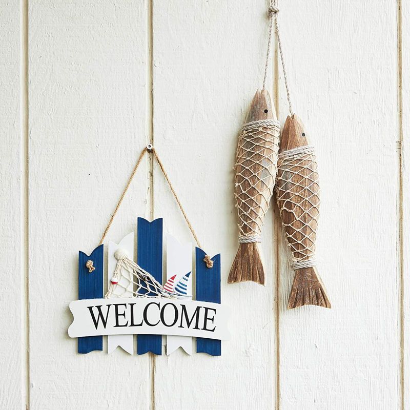 Juvale 2 Rustic Wooden Fish Ornament Wall Decor with Rope for Hanging (12.5 x 3 In)