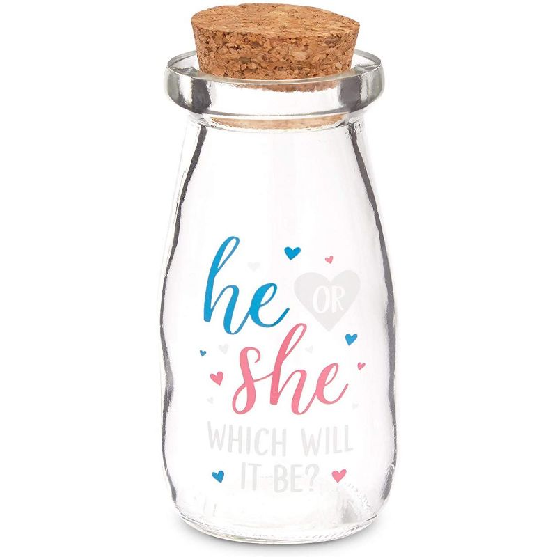 Sparkle and Bash 12-Pack 4-Inch Empty Milk Jars Glass Bottles with Lids, He She Gender Reveal Party Favors
