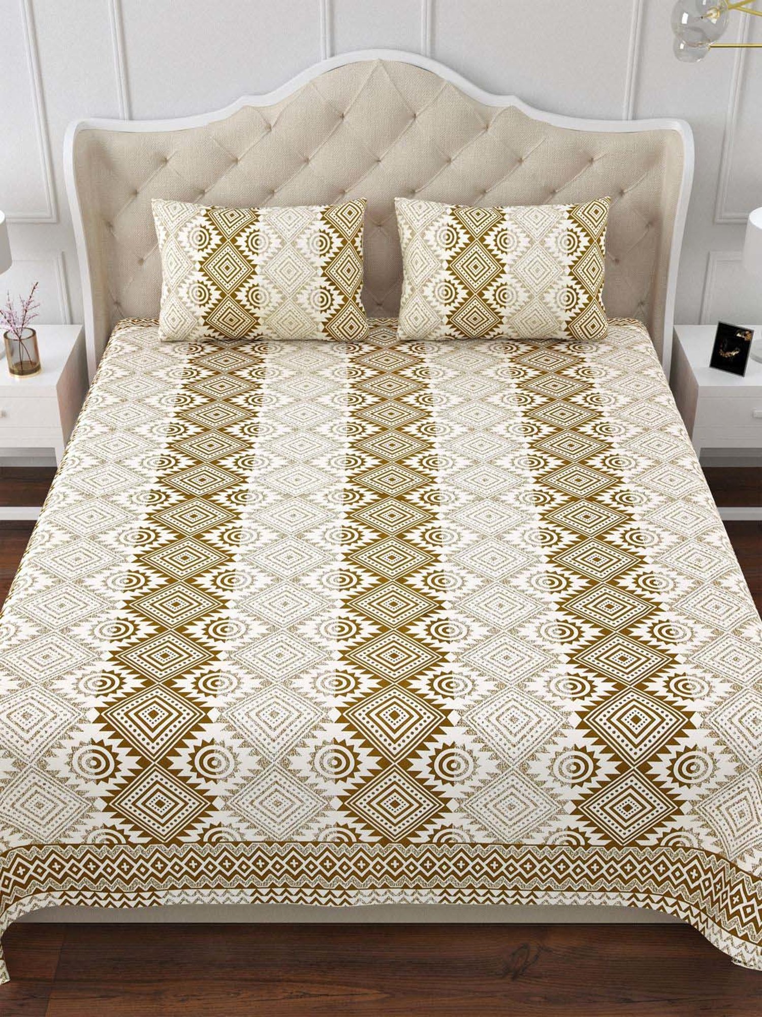 Aapno Rajasthan Sand Dunes Green & White Cotton 140 GSM Double Bedsheet With 2 Pillow Cover