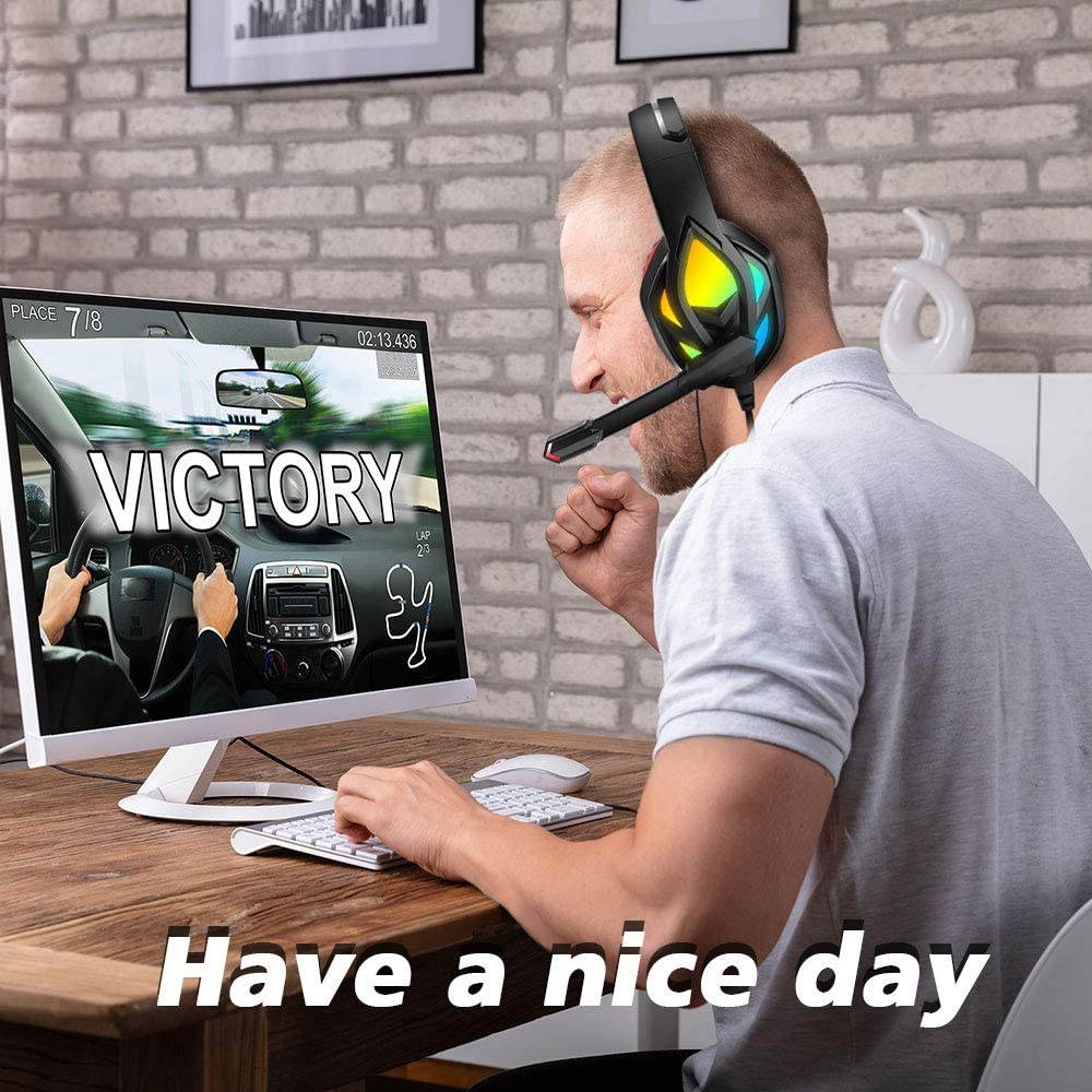 Wired Gaming Headset for PC Xbox One, Over Ear Headphones with Color Changing LED Light, Gaming Headphones for PS4 PS5 Laptop Mac, Stereo Mic Surround Sound, 3.5mm Audio Jack, Foam Ear Pads, Black Red