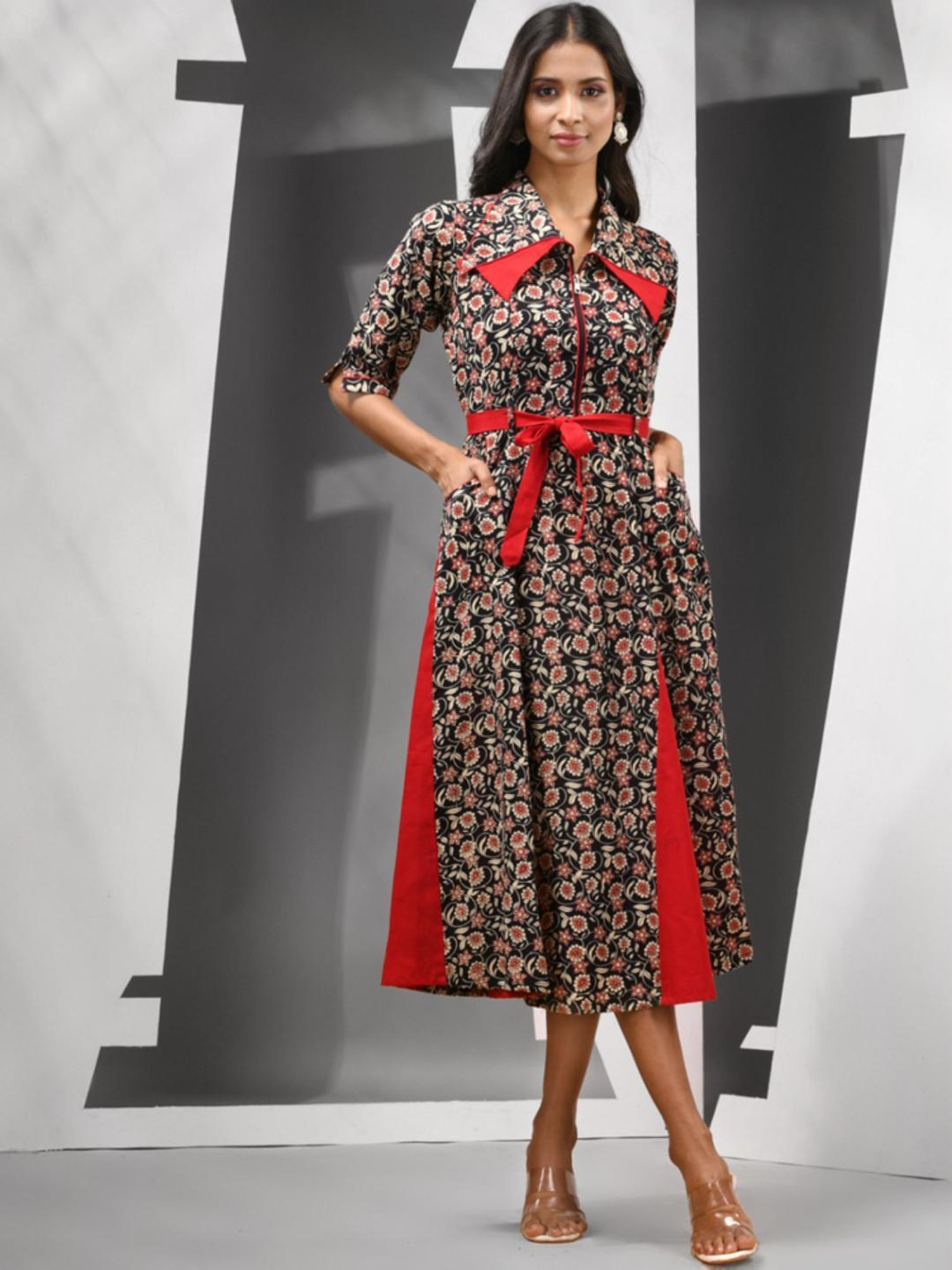 Charukriti Black Cotton Floral Print A-Line Dress