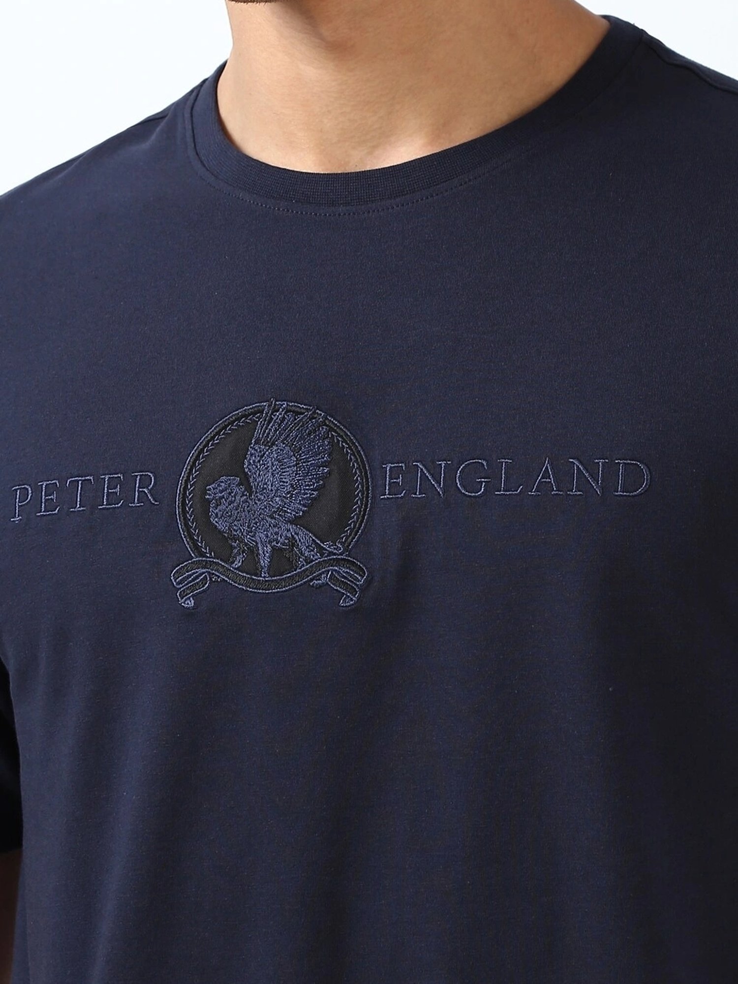 Peter England Navy Regular Fit Embroidered T-Shirt