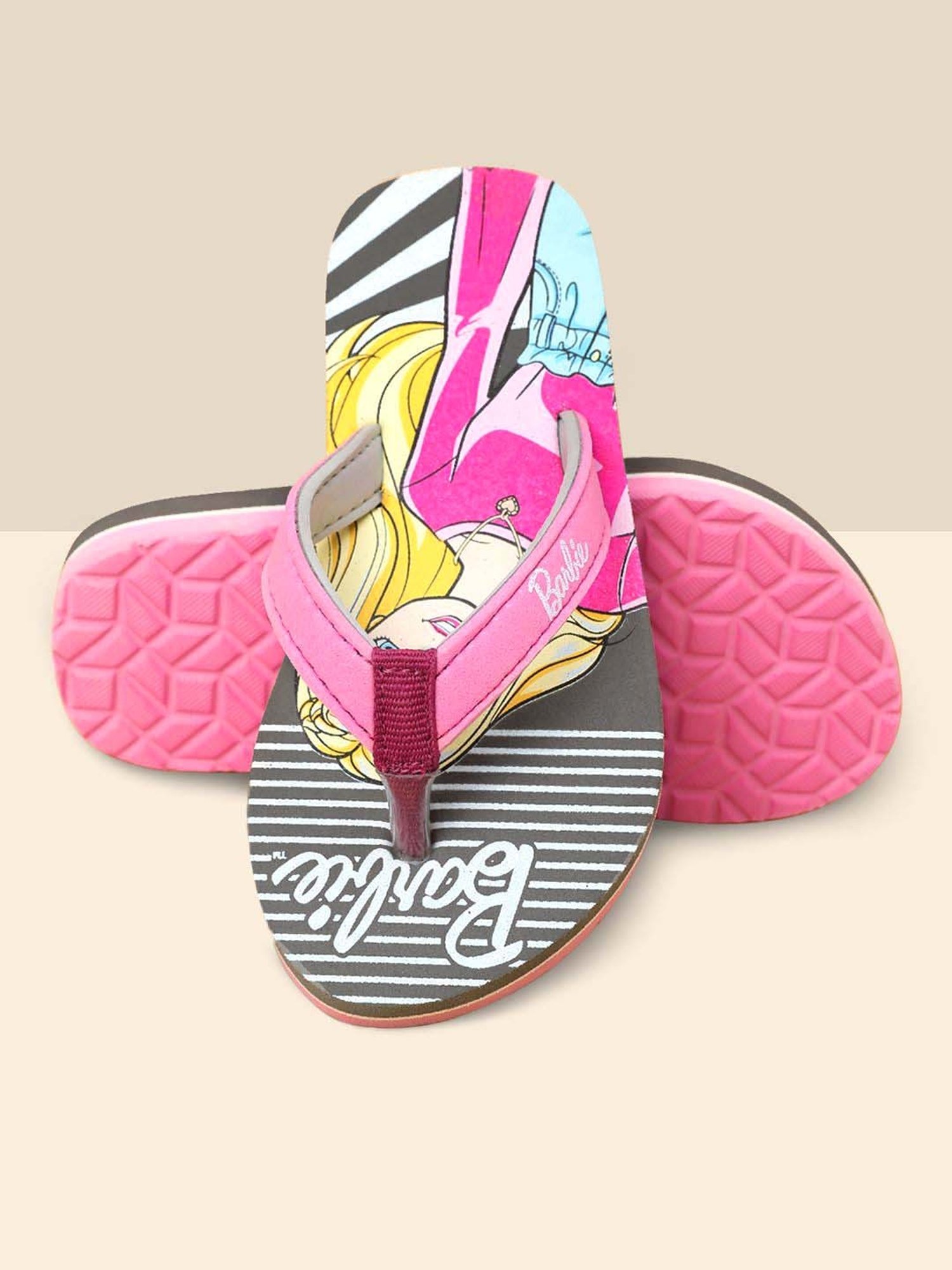 Kidsville Barbie Printed Pink & Grey Flip Flops