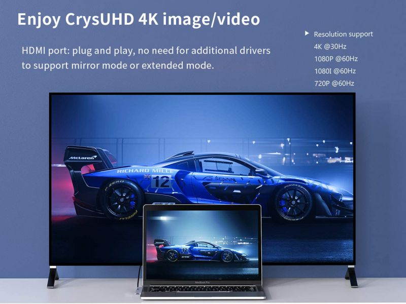 USB C HUB  Docking Station 8 in 1 Expand Your MacBook Pro Ports Into 1USB3.0+2USB2.0+HDMI+2xThunderbolt 3 +Gigabit Ethernet And SD/TF Card Reader. Meet all Your Needs With One Hub.